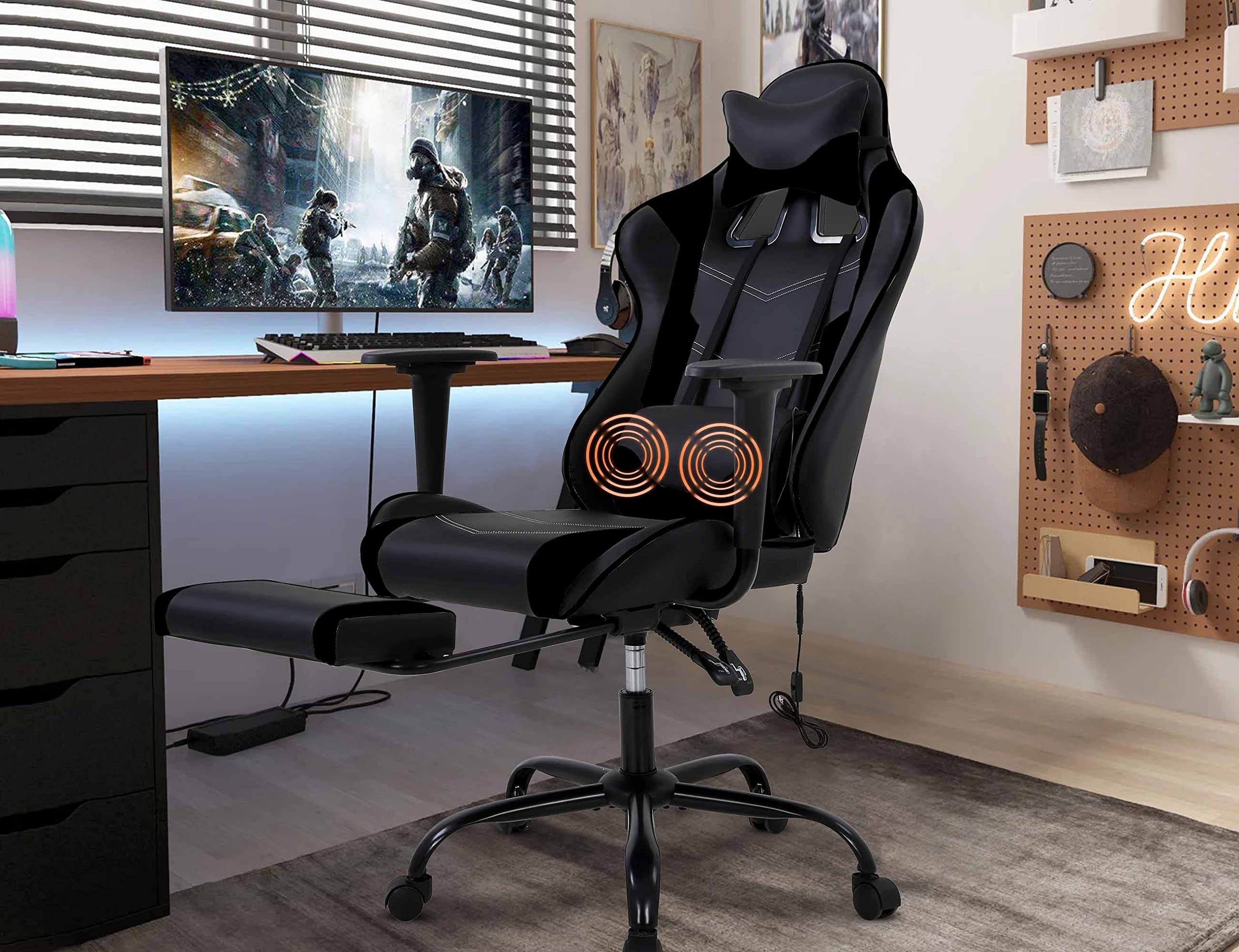 Ergonomic Gaming Chair with Adjustable Height, Swivel & Rolling Wheels - PU High Back Office Chair with Headrest, Footrest & Lumbar Massage Support - Perfect for PC Gaming, Home Office & Workstations