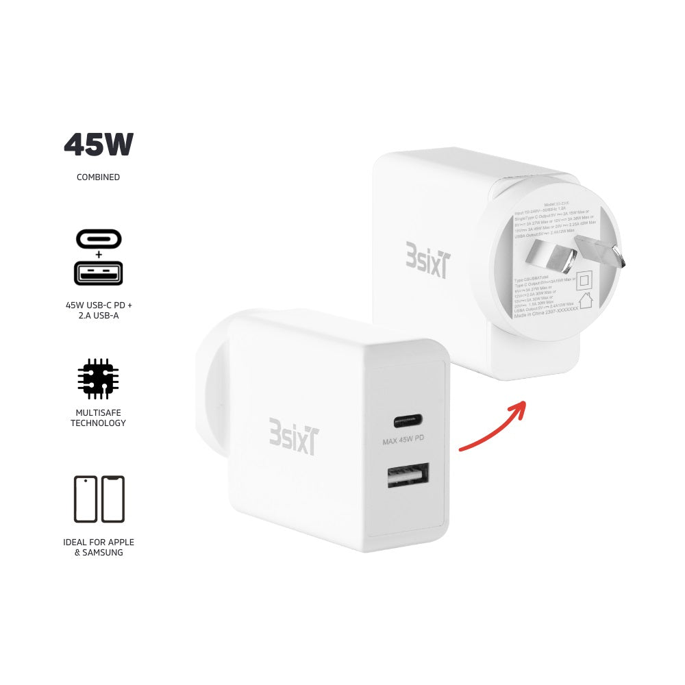 3SixT ANZ 45W USB C PD Fast Wall Charger with 2.4A Port - White | Compact Travel Charger for iPhone, Samsung, MacBook & More