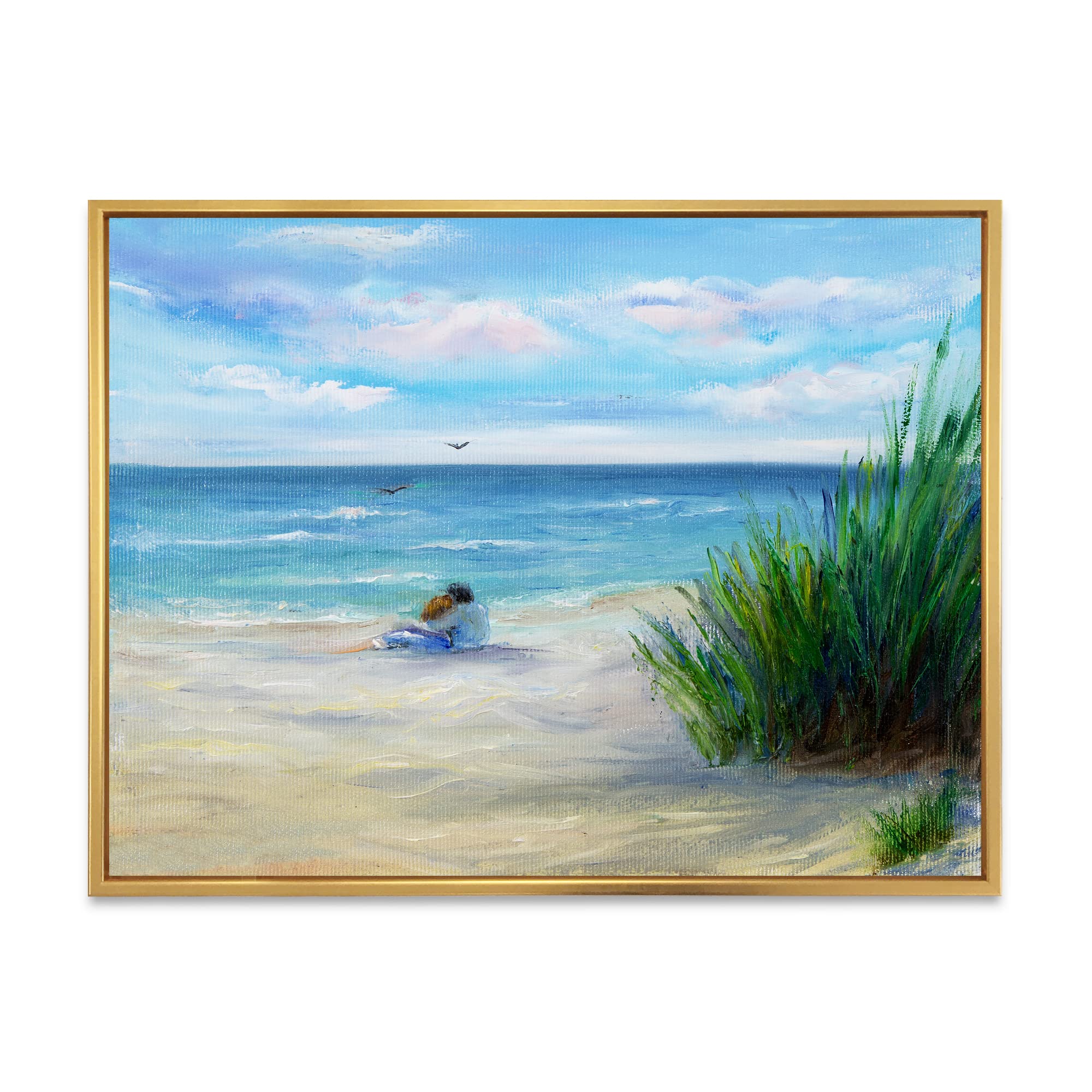 DesignQ Romantic Beach Couple - Nautical Coastal Framed Canvas Wall Art Print for Living Room, Bedroom & Beach House Decor
