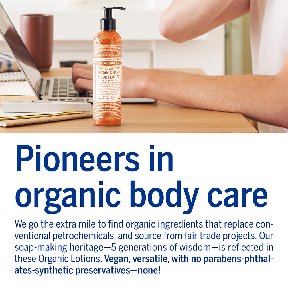 Dr. Bronner's Organic Orange Lavender Body Lotion - 8 oz | USDA Certified Organic Moisturizer for Dry Skin | Soothing Hand Cream & Face Moisturizer | Vegan, Non-GMO, Highly Emollient | Perfect for Daily Hydration & Post-Shower Skincare Routine