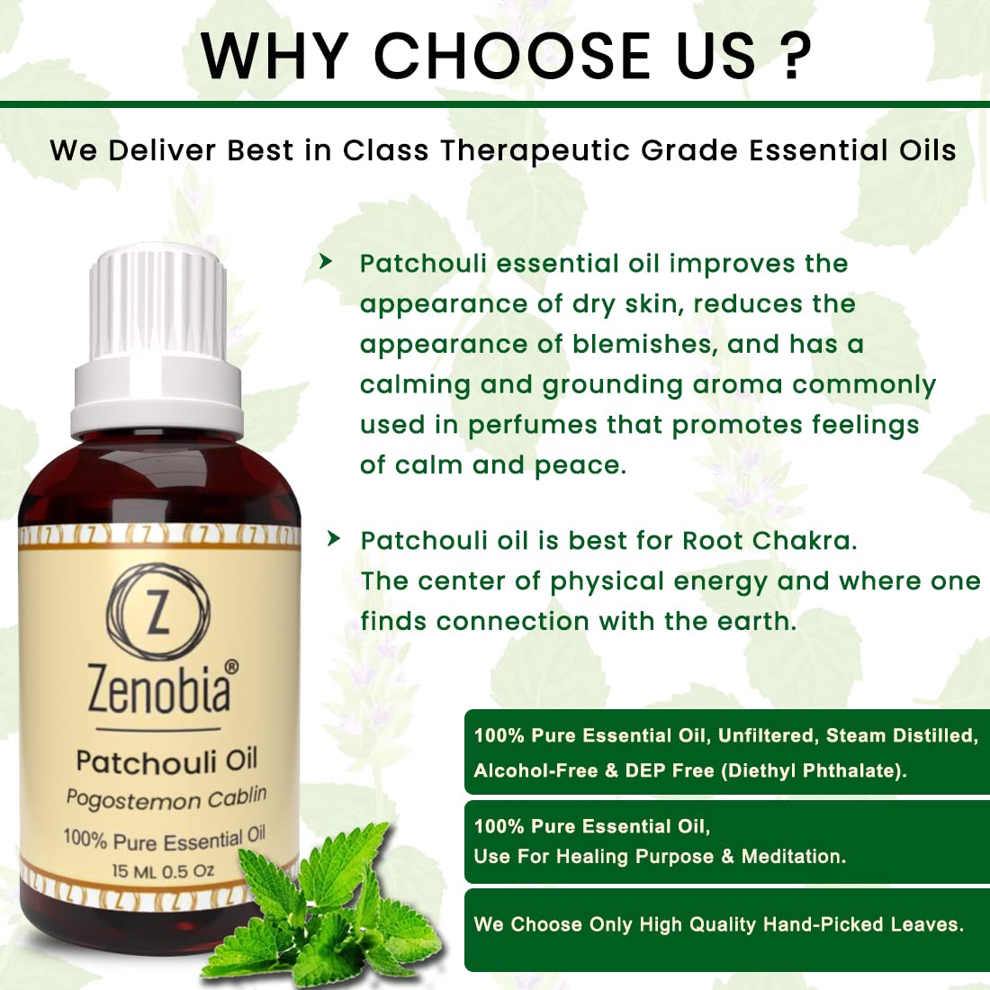 Zenobia 100% Pure Patchouli Essential Oil - Natural Therapeutic Grade for Hair, Beard, Face & Skin Care - Moisturizing Dry Skin & Body - 15ml - Perfect for Aromatherapy, Massage & DIY Beauty Products