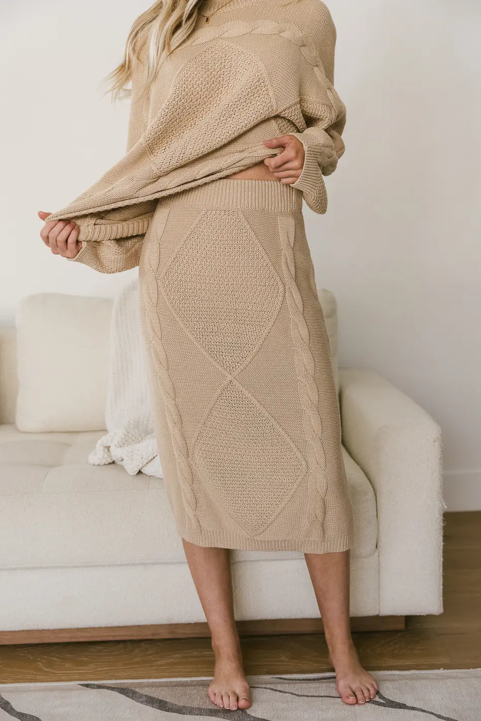 Lilly Cable Knit Skirt in Cream - Women's Winter Fashion Skirt, Cozy Knitted Midi Skirt for Casual & Office Wear | Final Sale