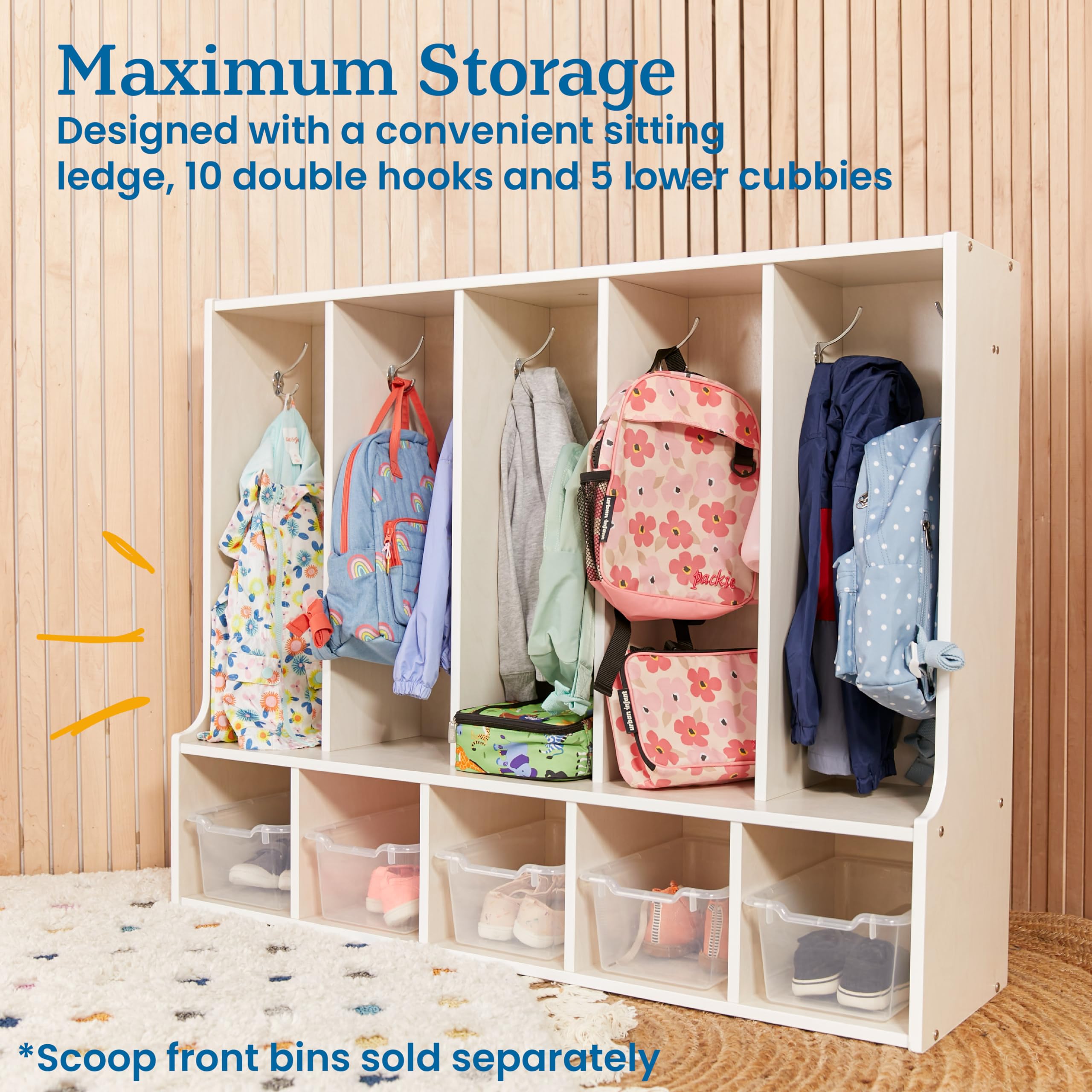 ECR4Kids White Wash 5-Section Toddler Coat Locker with Bench - Durable Classroom Storage Furniture for Preschool, Daycare & Home Entryway Organization