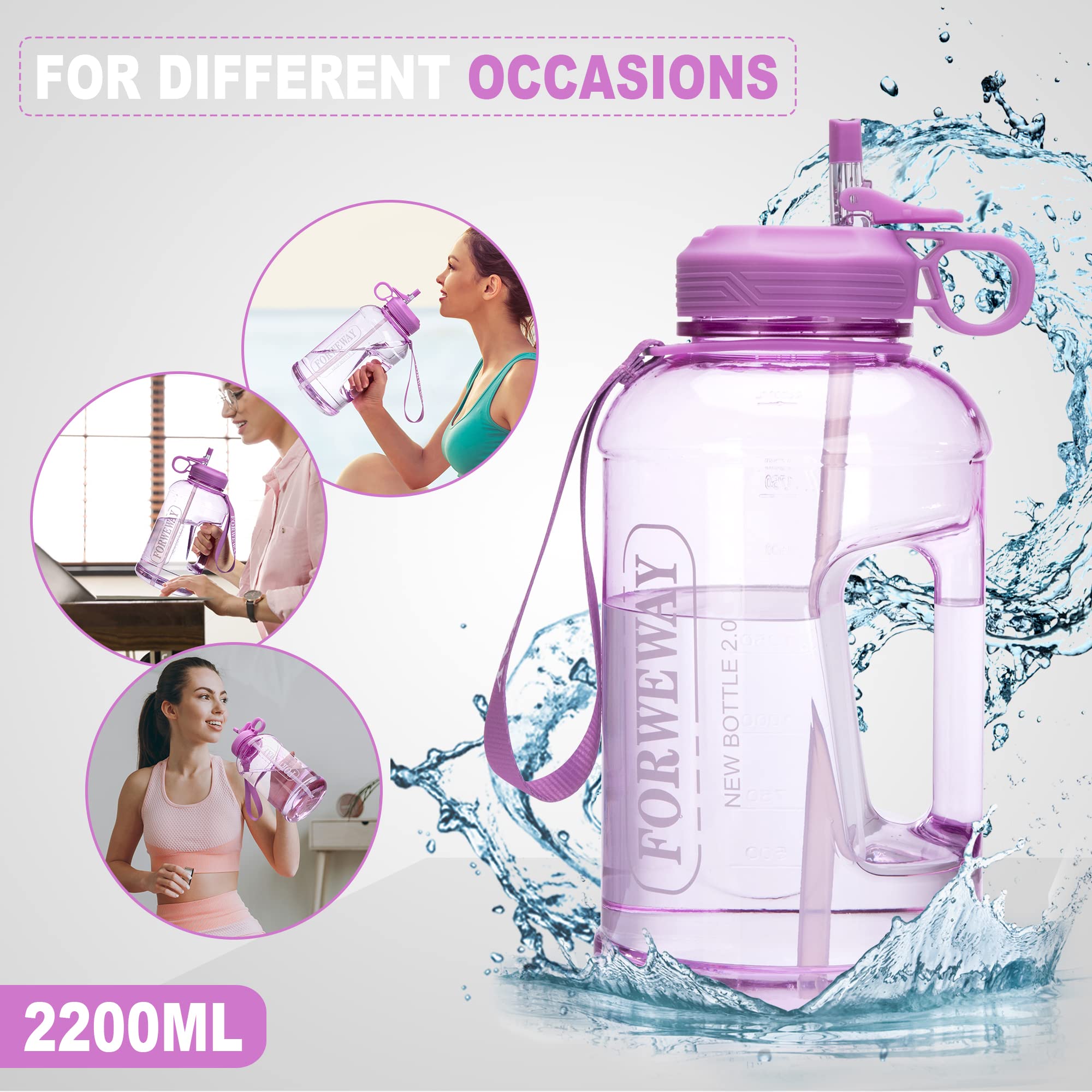 **2.2L (74oz) Leakproof Half Gallon Water Bottle with Straw & Handle - BPA Free Large Sports Water Jug for Camping, Hiking, Gym & Outdoor Activities (Purple)**