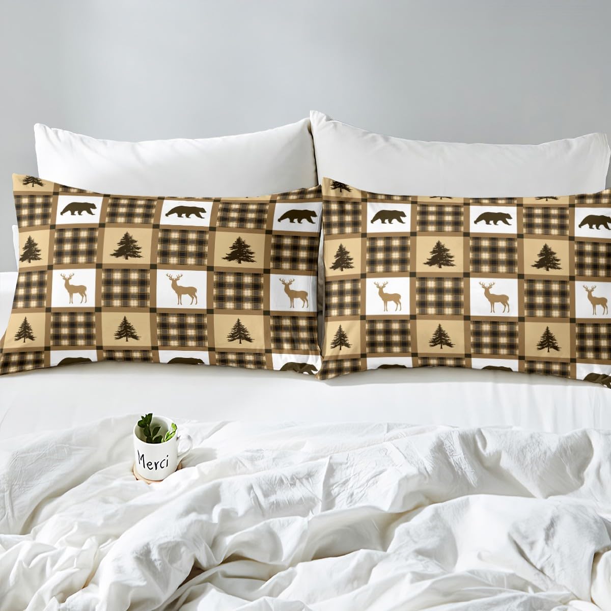 Bear Deer Printed Camping Comforter Cover Twin - Retro Buffalo Plaid Duvet Cover Set with 1 Pillowcase | Cabin Decor, Wildlife Hunting Theme Bedding | Soft Brown Geometric Stripe Bedspread for Cozy Cabin Retreats & Hunting Lodge Bedrooms