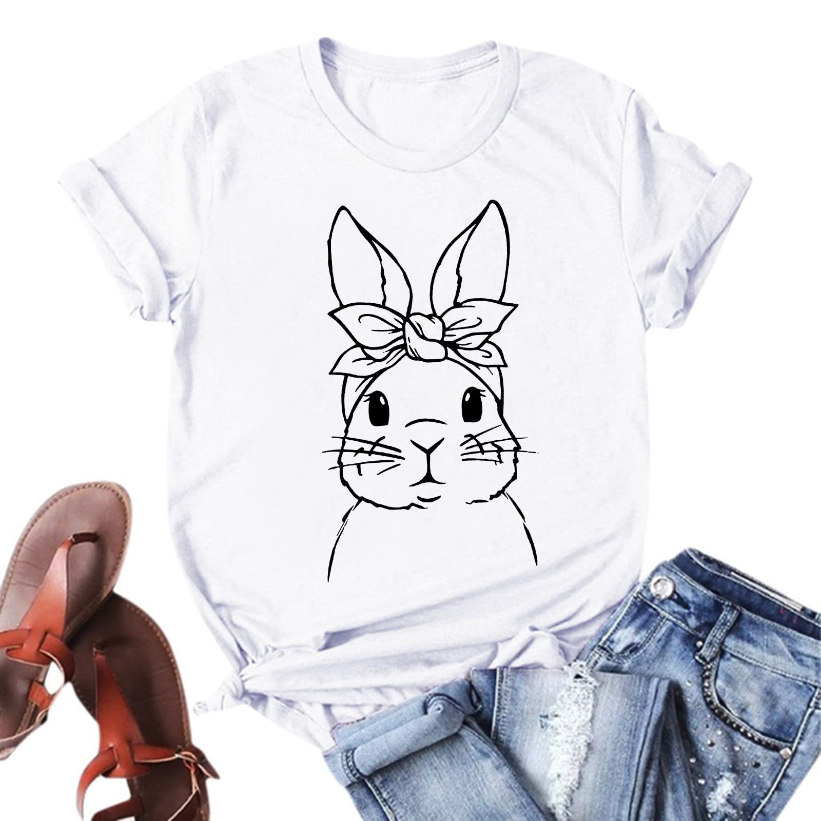 Easter Bunny Printed Women's Short Sleeve Cotton T-Shirt - Cute Crewneck Top for Spring, Easter Celebrations & Casual Wear