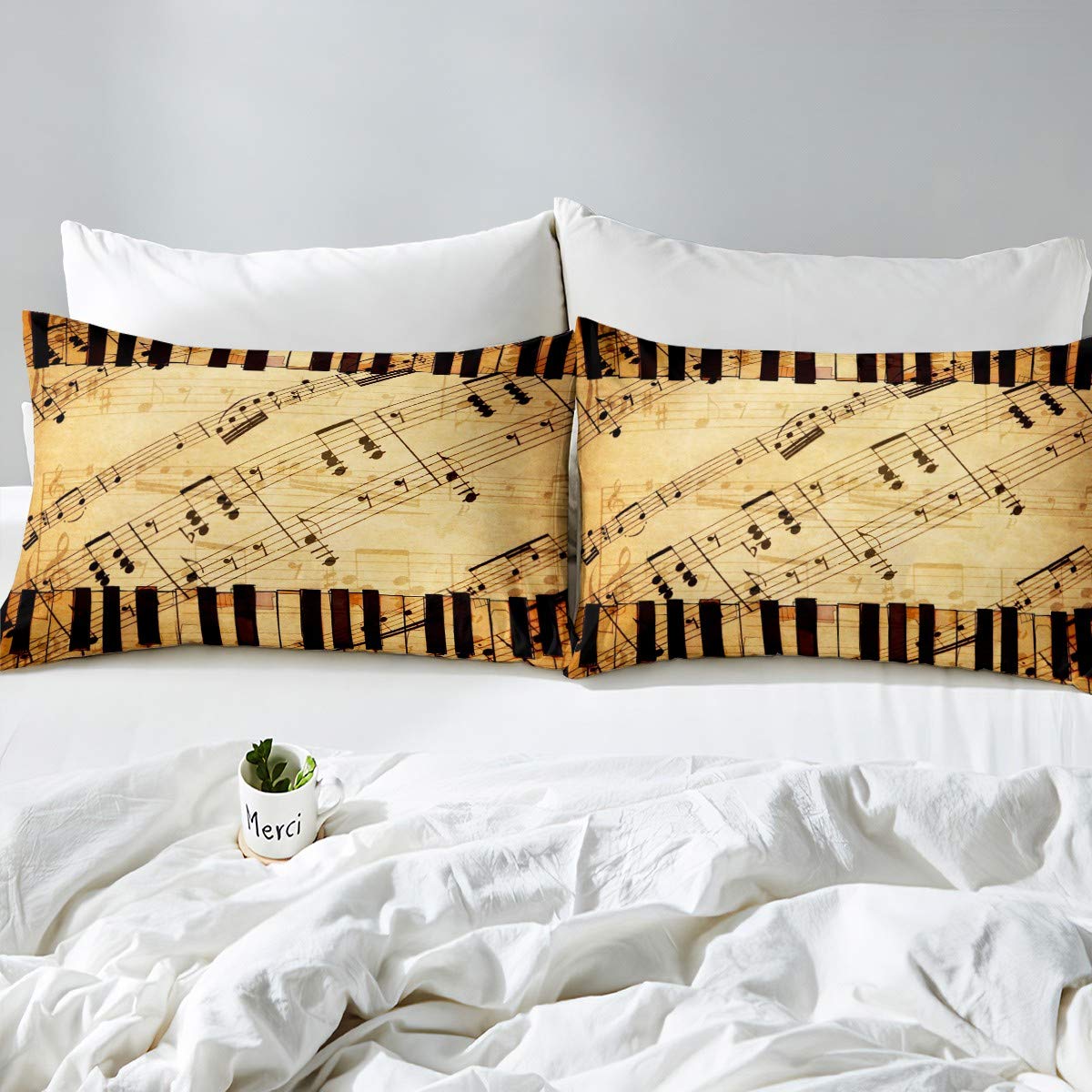 Erosebridal Queen Size Music Notes Fitted Sheet - Classical Piano Keyboard Melody Bedding Set for Kids & Boys (Brown) | Bedroom Decor, Living Room Accessories, Gift for Music Lovers