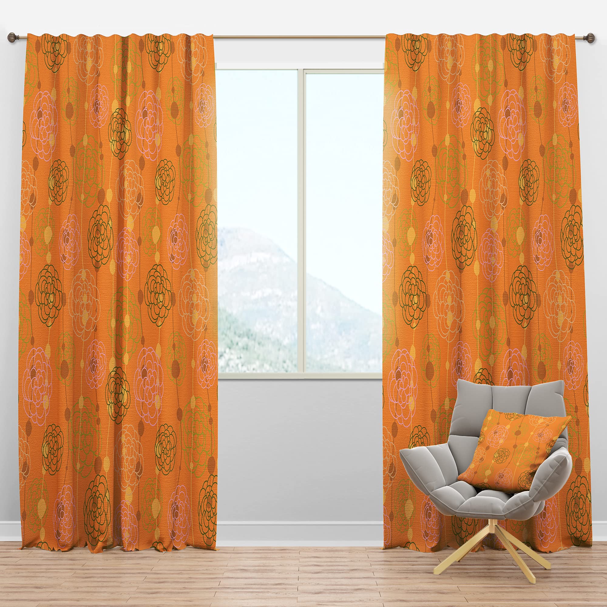 DesignQ Blackout Curtains 'Retro Handdrawn Flowers III' - Thermal Insulated Single Panel (52x108 Inches) for Bedroom & Living Room - Block Light & Noise, Improve Sleep & Energy Efficiency