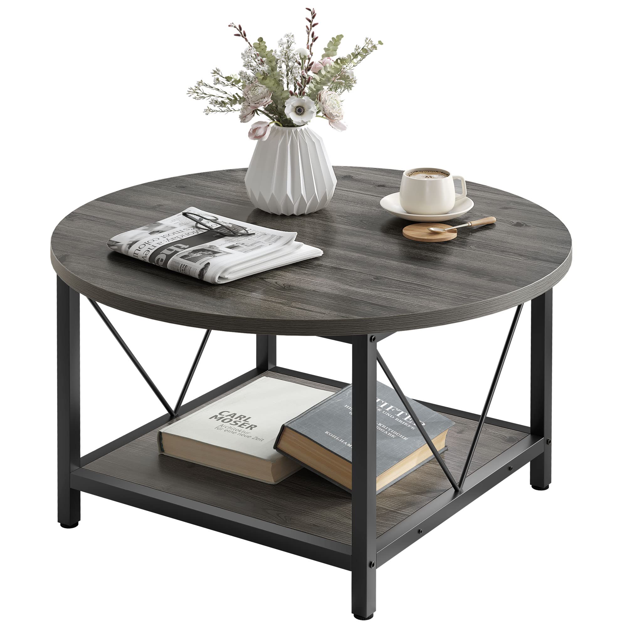 YITAHOME Round Coffee Table with Storage Shelf - Rustic Wood Modern Farmhouse Center Table with Sturdy Metal Legs for Living Room, Grey | Perfect for Small Spaces, Coffee Time & Family Gatherings