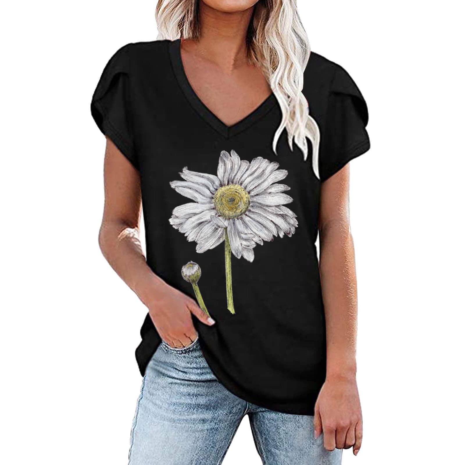 Women's Cute Summer V-Neck Graphic T-Shirts - Short Sleeve Casual Blouses & Tops for Everyday Wear | Perfect for Beach, Shopping & Weekend Outings