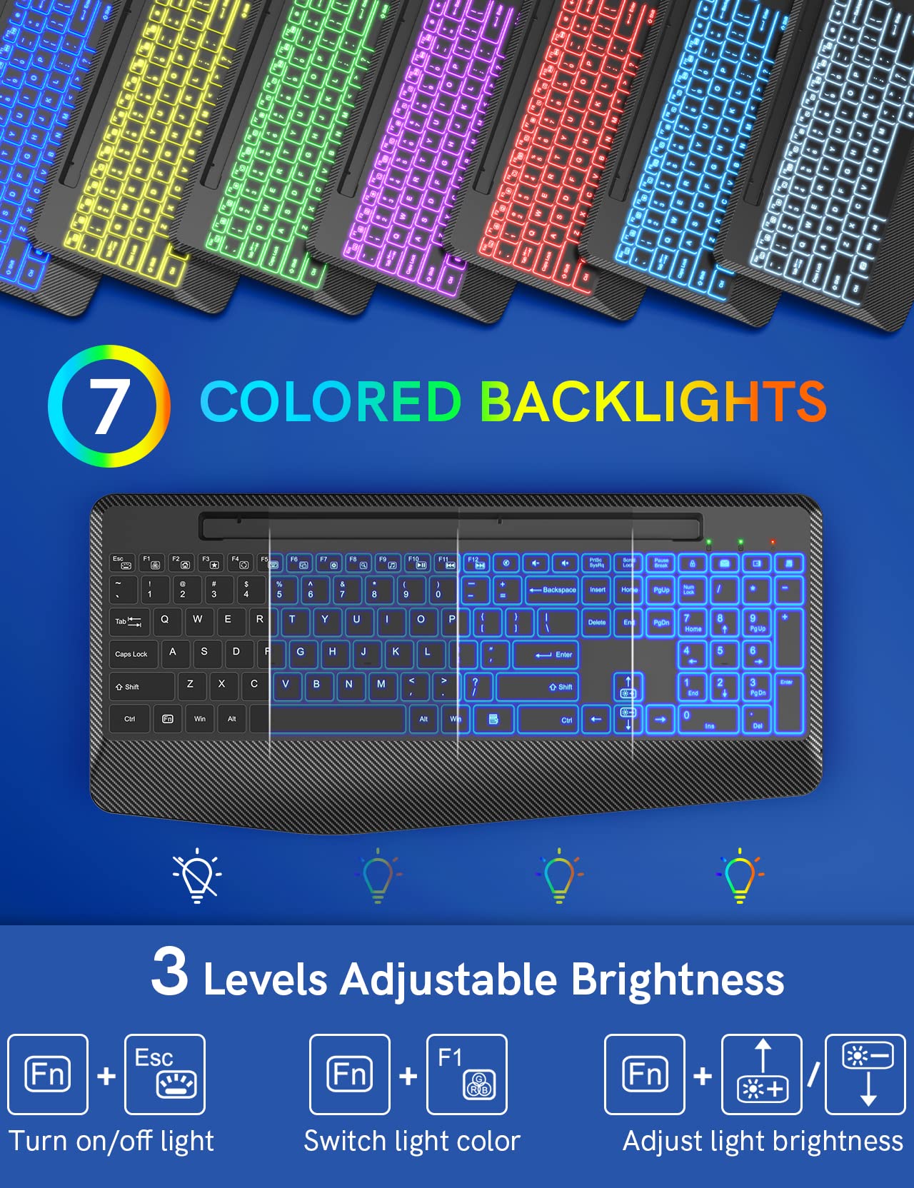 Rechargeable Wireless Keyboard with 7-Color Backlit, Ergonomic Wrist Rest & Phone Holder - Silent Mechanical Keyboard for Windows, MacBook, PC, Laptop (Black) | Perfect for Office, Gaming & Home Use