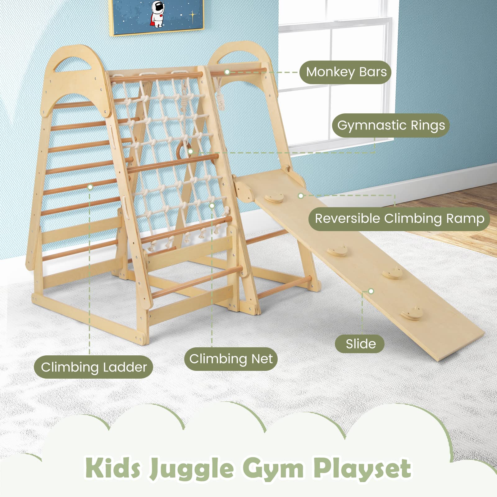 Costzon 7-in-1 Indoor Jungle Gym for Toddlers - Montessori Climbing Toys with Slide, Climbing Net & Gymnastic Rings - Wooden Playground Climber Playset for Kids Ages 3+ | Perfect for Indoor Playrooms, Daycares & Birthday Gifts