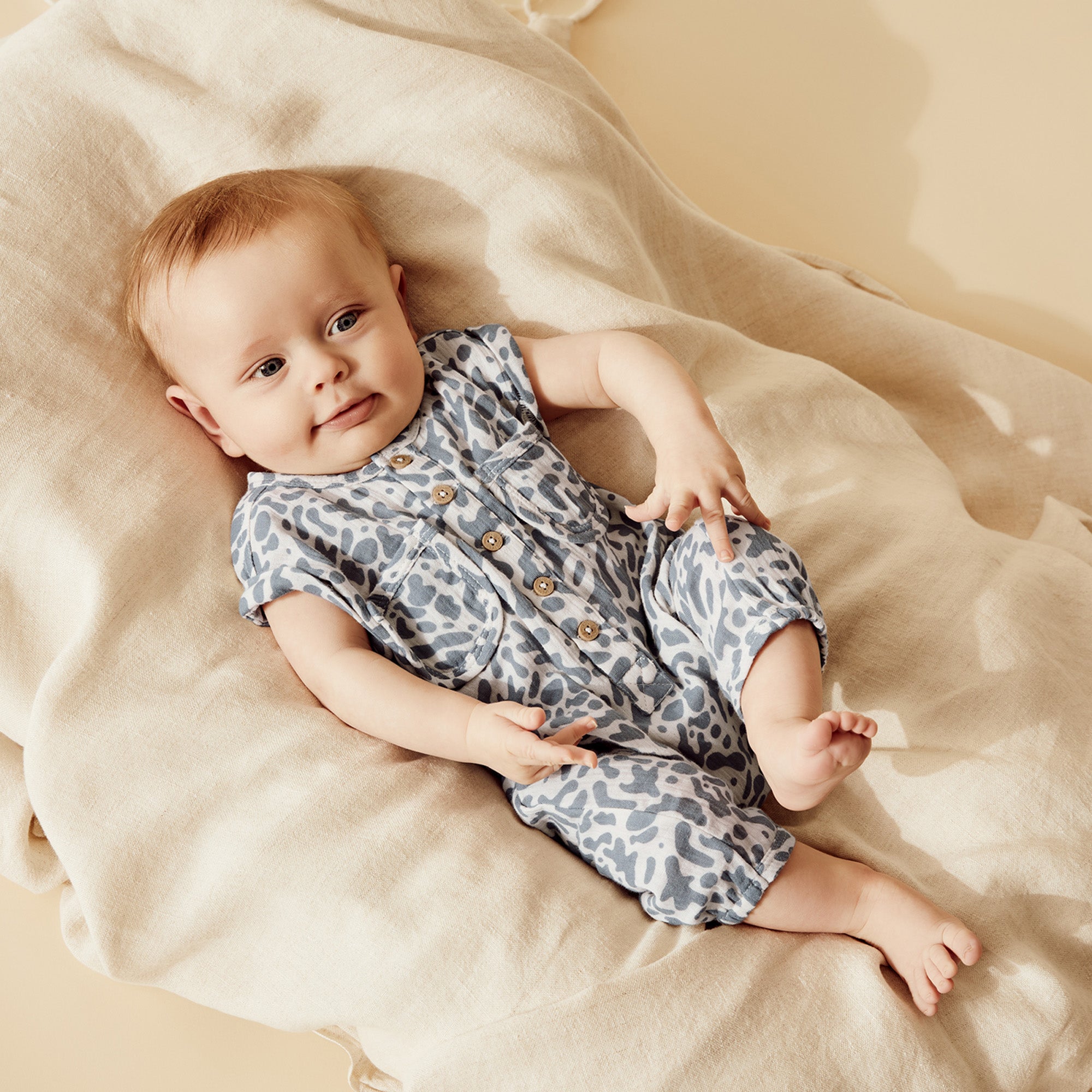 Organic Blue Coral Crinkle Growsuit for Babies - Soft Cotton Romper with Snap Buttons for Easy Diaper Changes - Perfect for Newborns, Infants & Toddlers (0-24 Months) - Ideal for Playtime, Sleepwear & Everyday Comfort