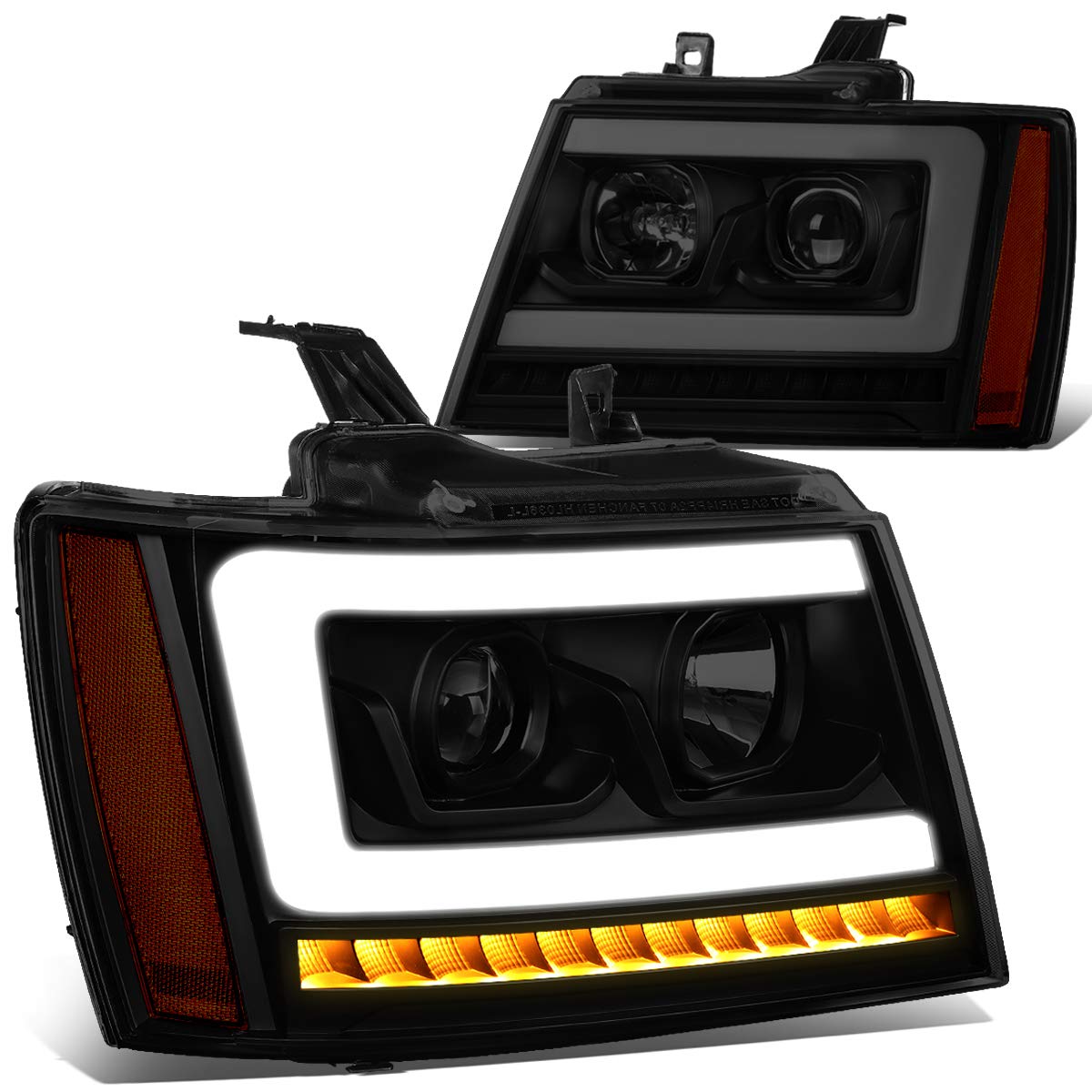 Auto Dynasty LED DRL Headlights Assembly - Compatible with 2007-2014 Chevy Tahoe/Suburban/Avalanche - Pair of Projector Headlamps with LED Sequential Turn Signal - Black Housing & Smoked Lens - Amber Corner - Perfect for Off-Roading & Night Driving