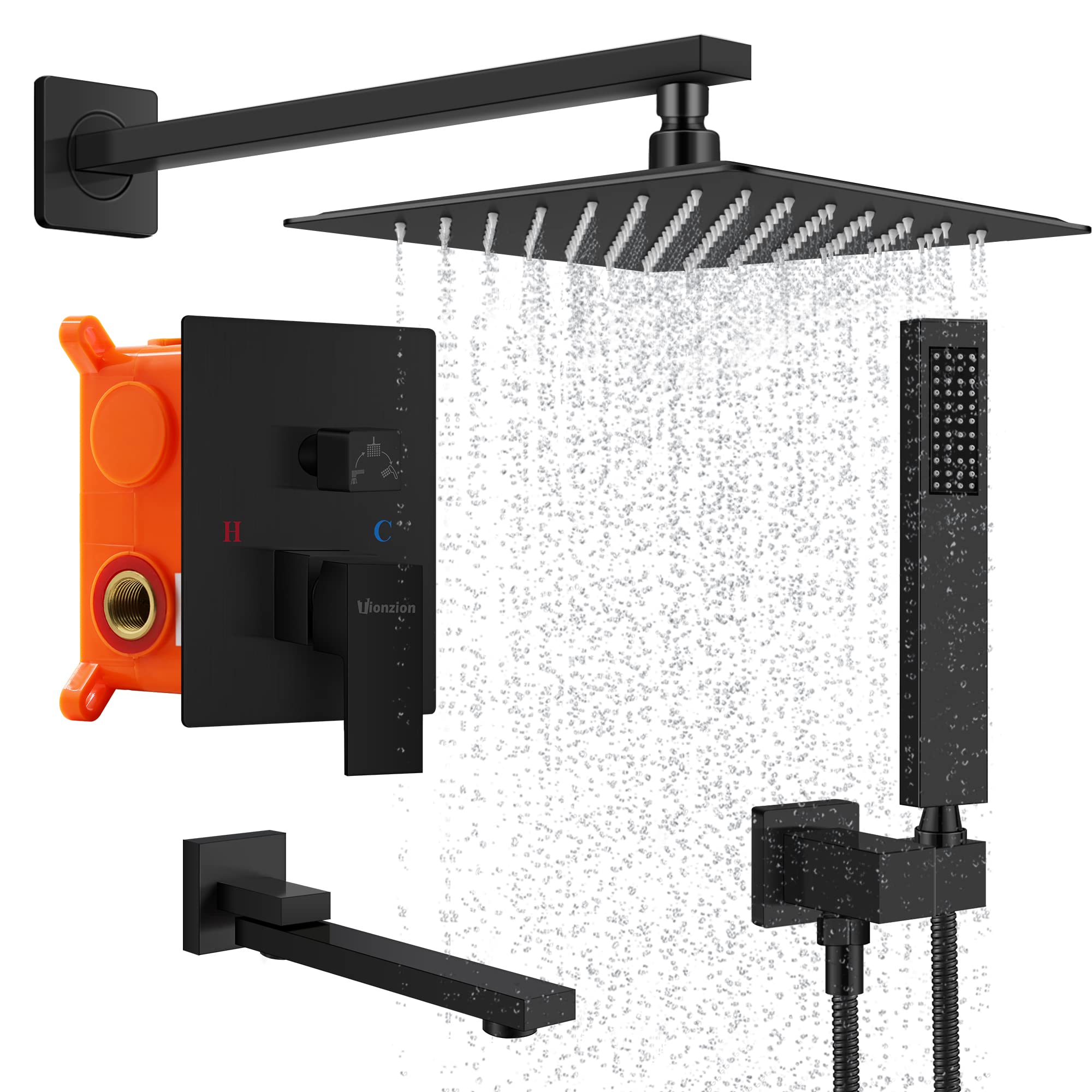 Matte Black 10 Inch Square Rain Shower Head with Handheld Sprayer and Tub Spout - Wall Mounted Bathroom Shower System for Luxurious Rainfall Experience - Perfect for Modern Home, Spa, and Hotel Bathroom Renovations
