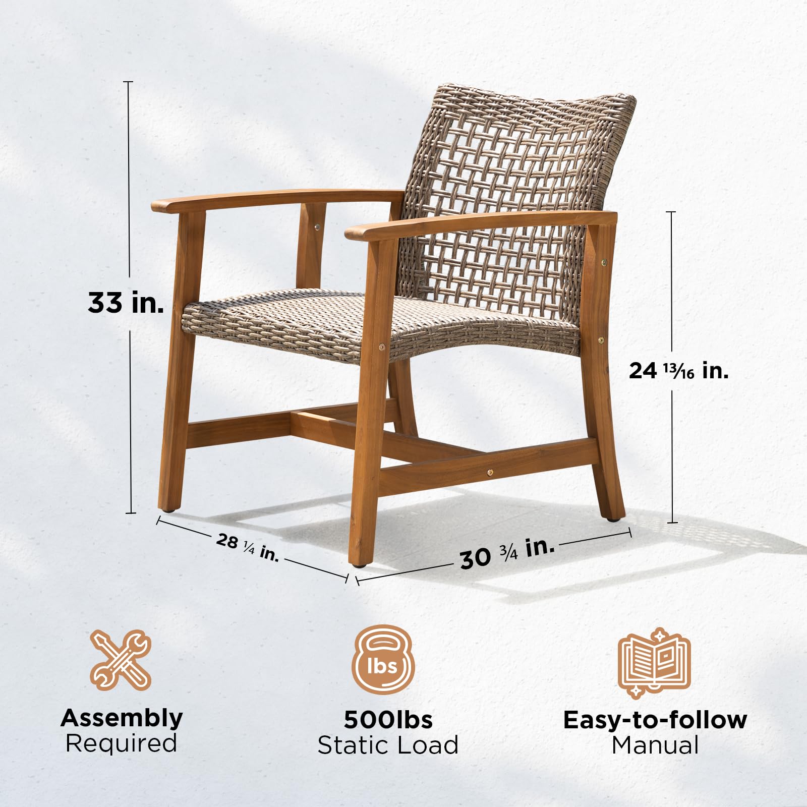 IDZO Liberte 2-Piece Accent Chair Set - 500lbs Weight Capacity, Solid Acacia Wood Frame with FSC-Certified Teak Finish, UV-Resistant Gray Wicker - Perfect for Outdoor Patio, Garden, Poolside & Backyard Relaxation