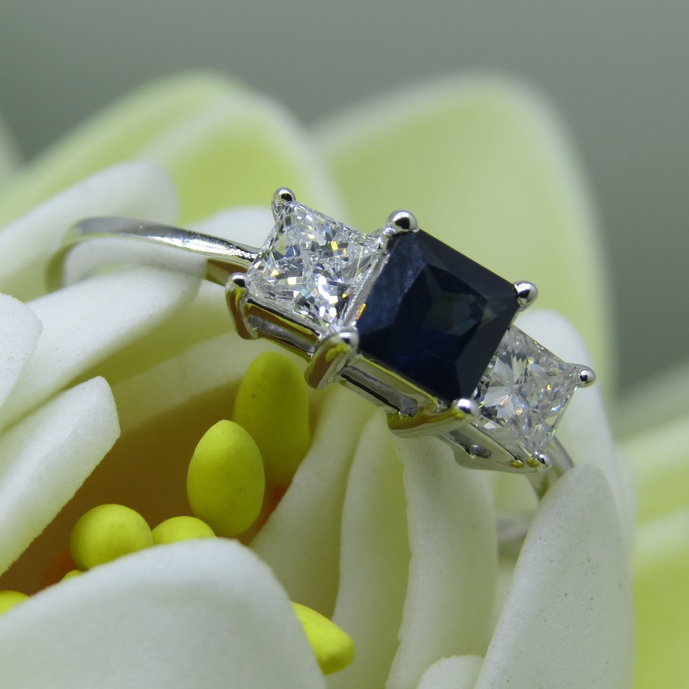 18K White Gold Princess Cut White Diamond & Blue Sapphire 3 Stone Bridal Ring for Women | Dazzlingrock Collection | Perfect for Engagement, Wedding & Anniversary Gifts