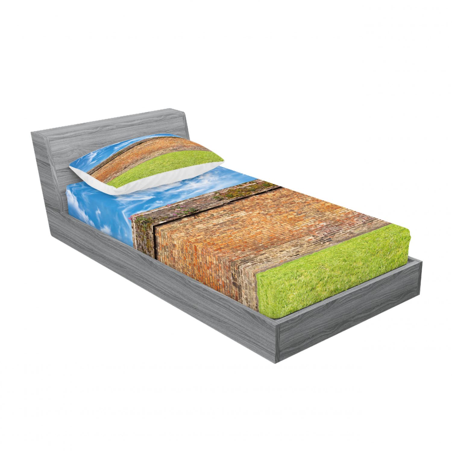 Ambesonne Brick 2-Pack Twin Fitted Sheet & Pillow Sham Set - Field Urban Sky Design, 4-Piece Bedding Decor (2 Fitted Sheets & 2 Pillow Covers) - Red & Green Geometric Pattern - Perfect for Kids Rooms, Dorms & Modern Home Decor