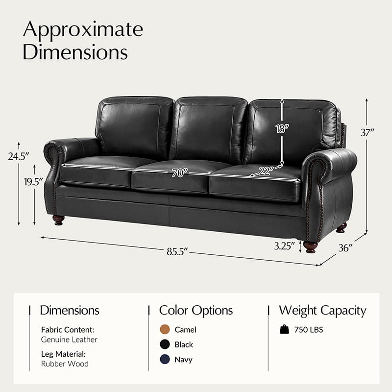 Premium Iliana Genuine Leather Sofa with Elegant Rolled Arms - Luxurious Living Room Furniture for Home & Office Decor