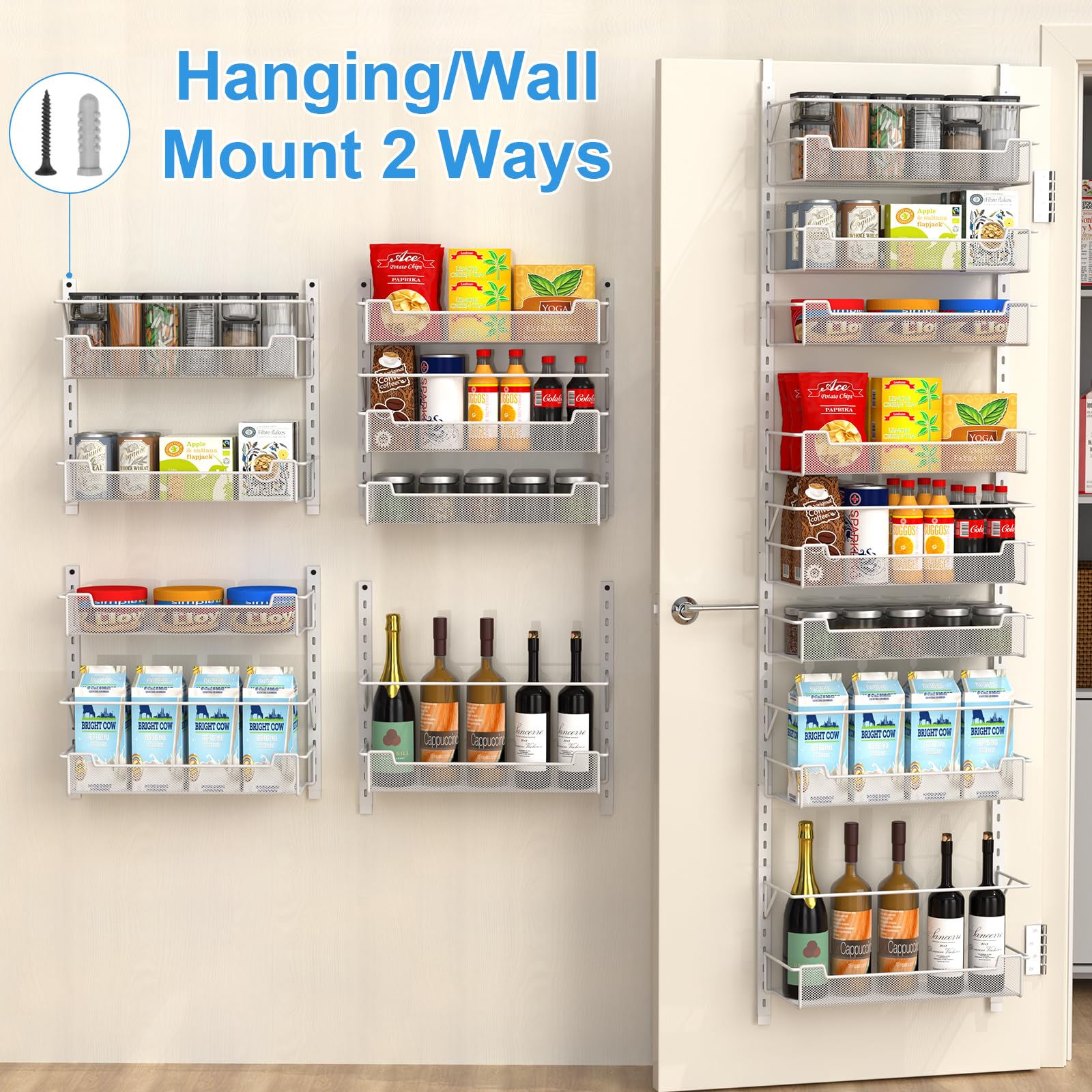 8-Tier Over the Door Pantry Organizer with Adjustable Baskets - White Space Saving Kitchen Storage for Spices, Snacks & Cleaning Supplies - Perfect for Pantry, Bedroom or Bathroom Organization