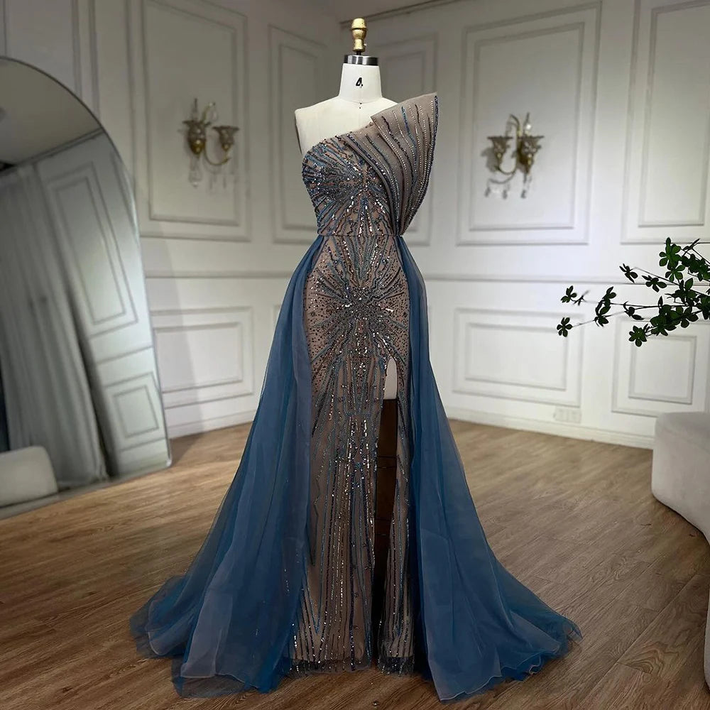 Luxury Beaded Mermaid Evening Dress with Overskirt - Serene Hill Blue High Slit Dubai Wedding Party Gown for Women 2025 | Elegant Formal Wear for Red Carpet, Gala & Special Occasions