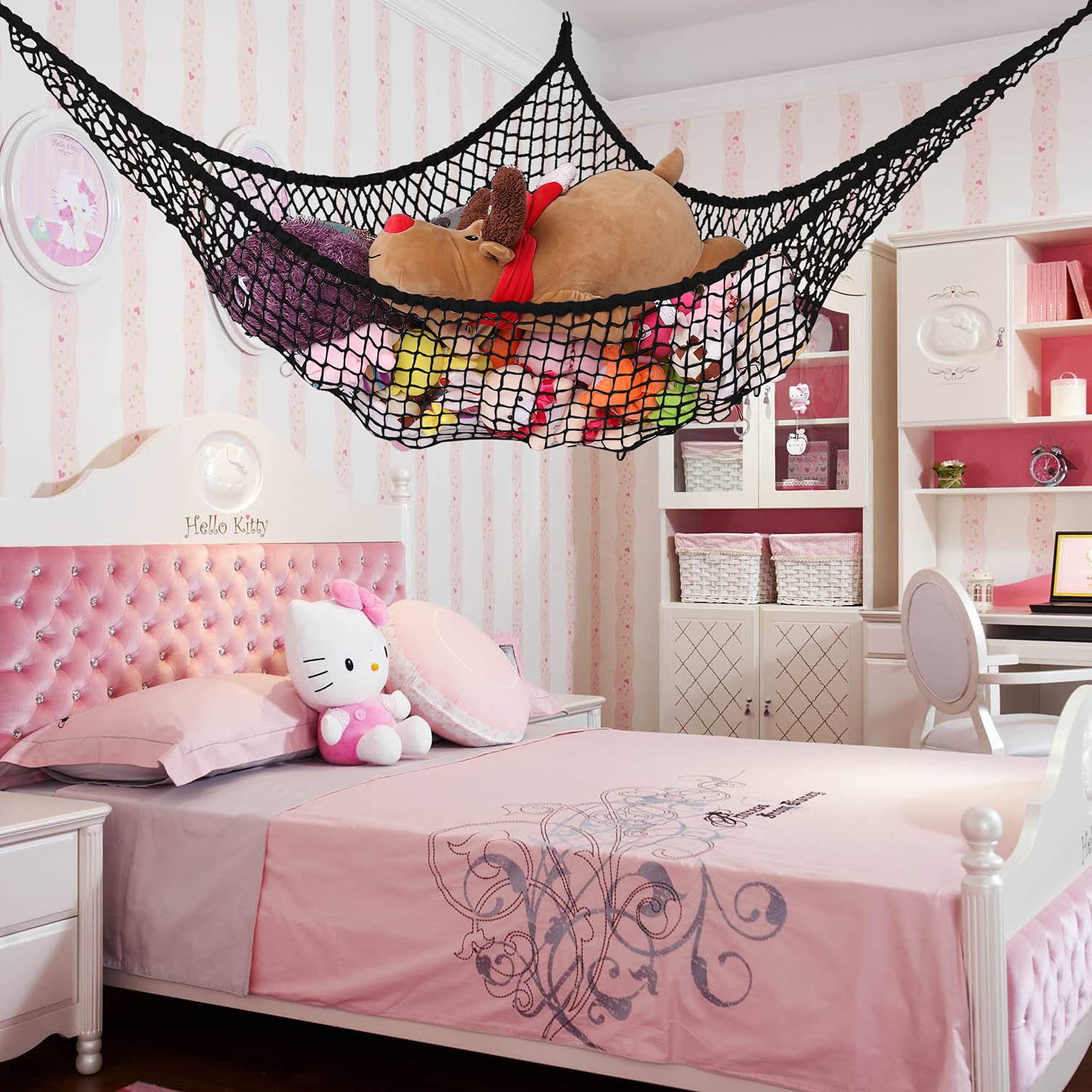 LXUNYI 84-Inch Large Mesh Toy Hammock - Stuffed Animal Storage Net Organizer for Kids' Bedroom, Wall Corner Space Saver | Perfect for Plush Toys, Stuffed Animals & Kids Room Decor (Black)
