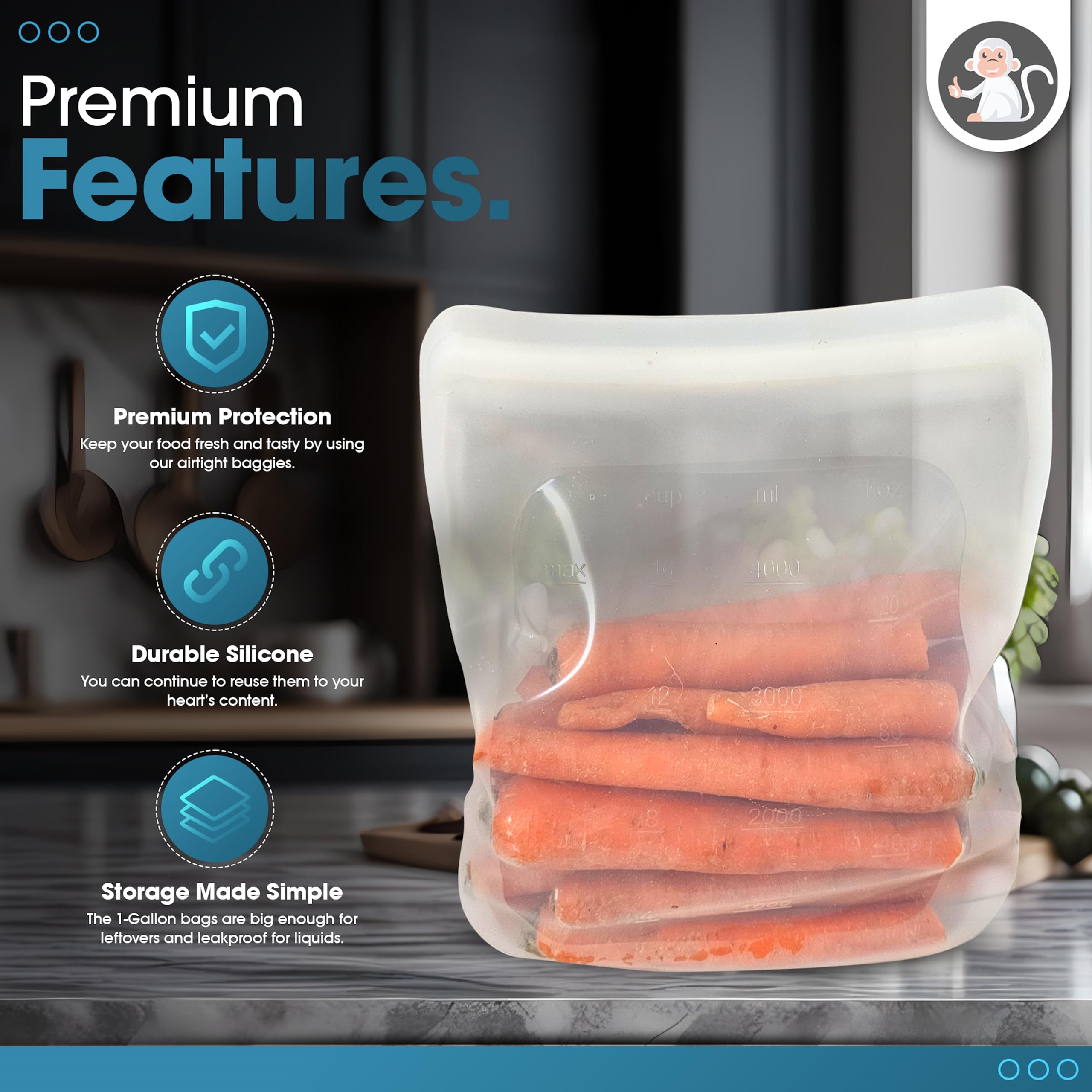Reusable Silicone Sous Vide Bag - 1 Gallon (135oz) XXL Food Storage Bag | Freezer Safe, Zero Waste Kitchen Container | Perfect for Sous Vide Cooking, Meal Prep & Kitchen Organization | Great for Vacuum Sealing, Freezing & Storing Leftovers
