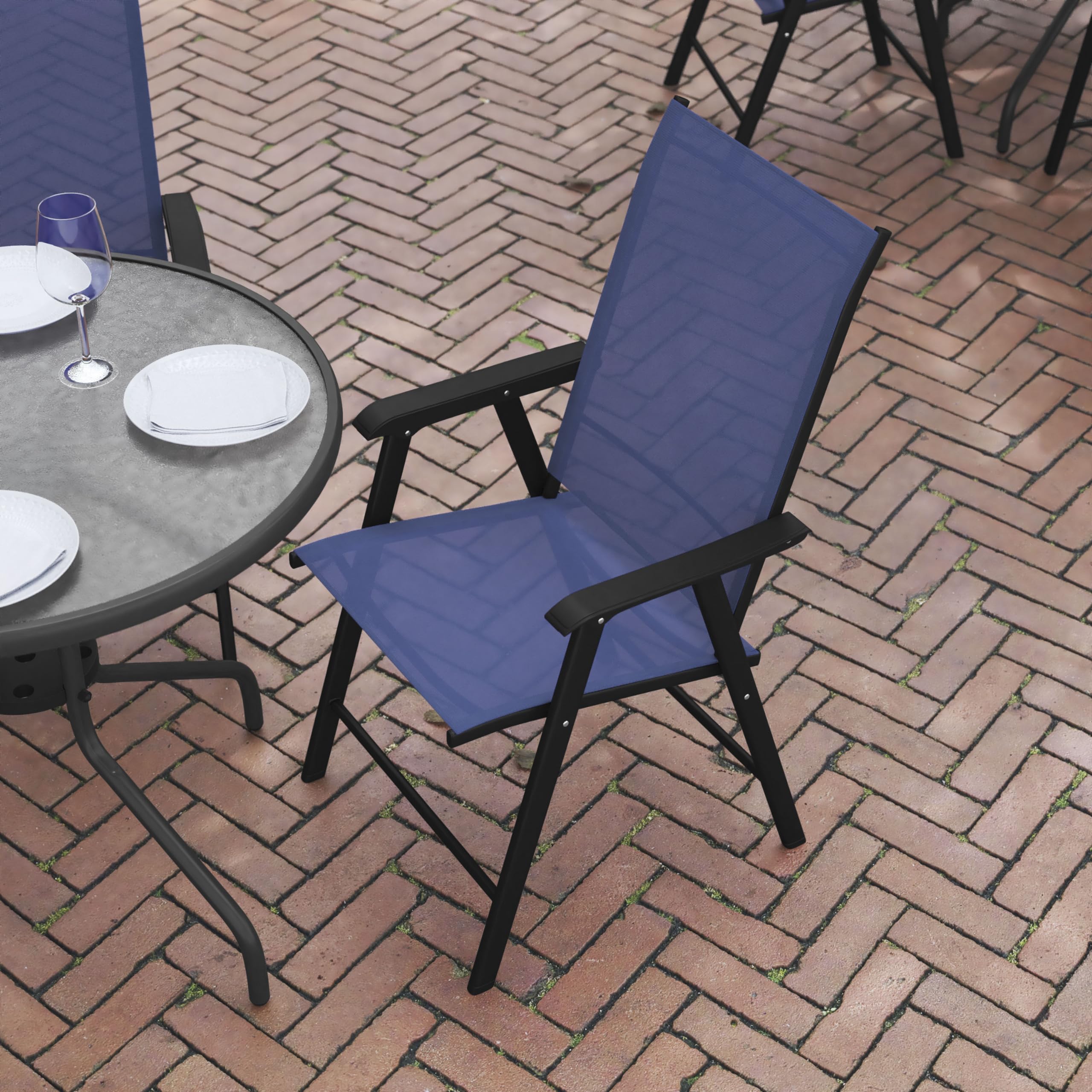 Flash Furniture Paladin Navy Outdoor Folding Patio Sling Chair with Black Frame (2 Pack) - Perfect for Poolside, Backyard, Deck, and Beach Relaxation