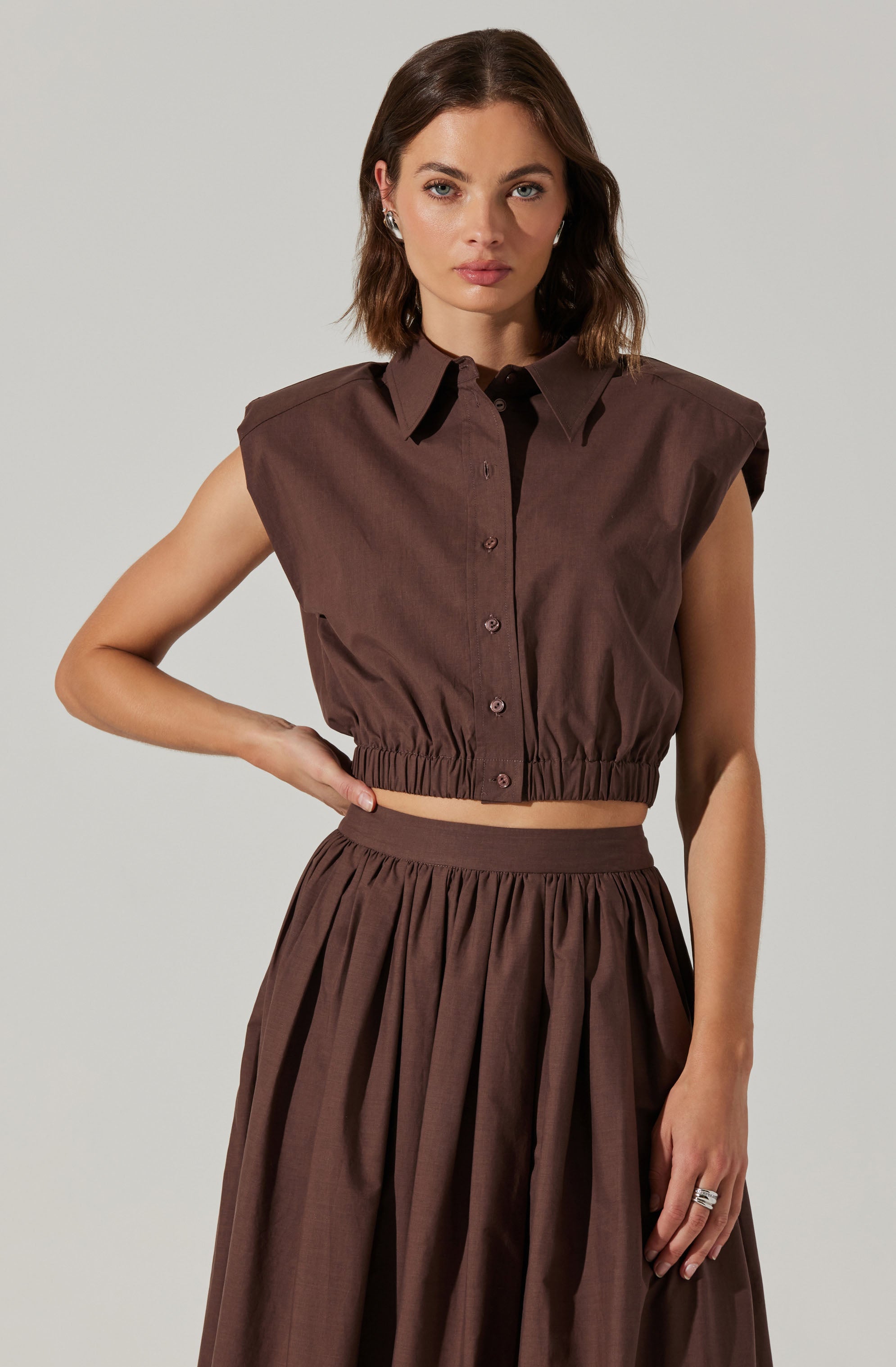 Bysen Women's Padded Shoulder Button Up Blouse - Stylish Office Wear & Casual Outfit for Work & Daily Fashion