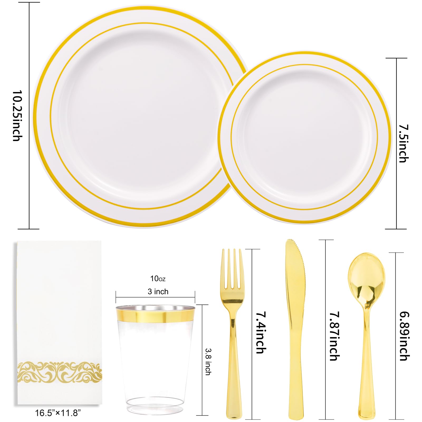 350-Piece White and Gold Plastic Dinnerware Set - Includes 100 Plates, 50 Gold Plastic Silverware, 50 Paper Napkins & 50 Cups - Perfect for Weddings, Parties, and Events - Elegant Disposable Tableware for Easy Cleanup