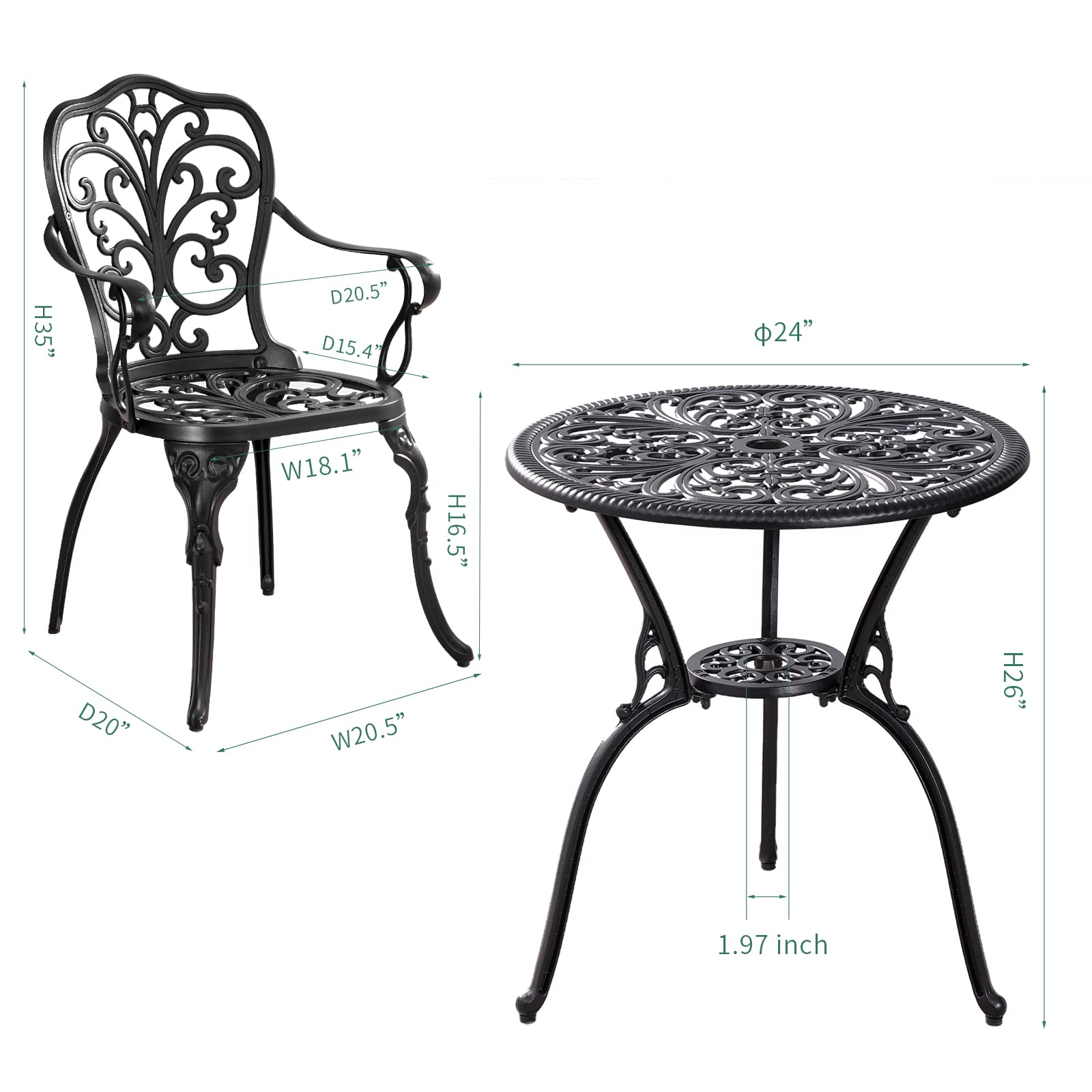 3-Piece Outdoor Bistro Set with 2 Chairs & Umbrella Hole - All-Weather Patio Furniture for Garden, Balcony or Backyard - Black