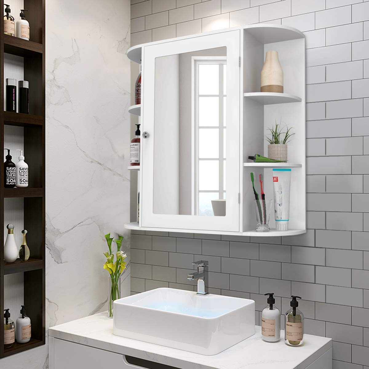 Casart Wall Mounted Bathroom Cabinet with Mirror - Single Door Medicine Cabinet with 4-Tier Adjustable Shelves - Perfect for Bathroom Storage, Makeup Vanity & Small Space Organization