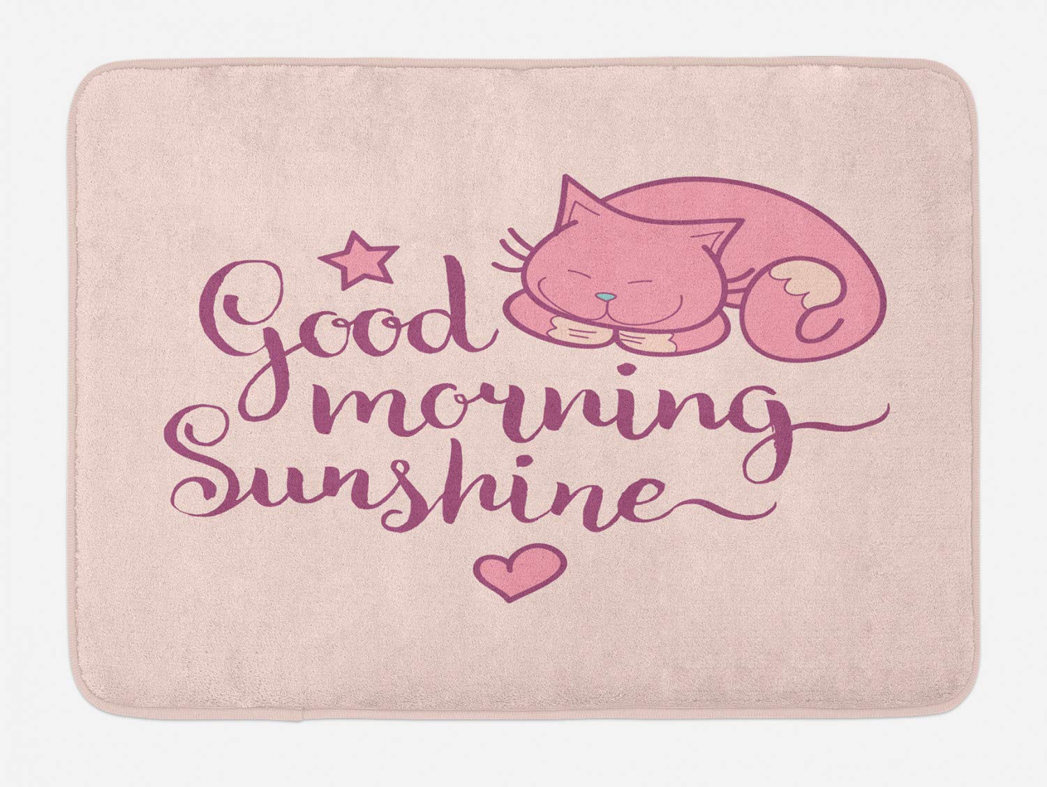 Ambesonne Non-Slip Plush Bath Mat with Hand-Written 'Morning Sunshine' Text & Pink Cat Print - 30.2