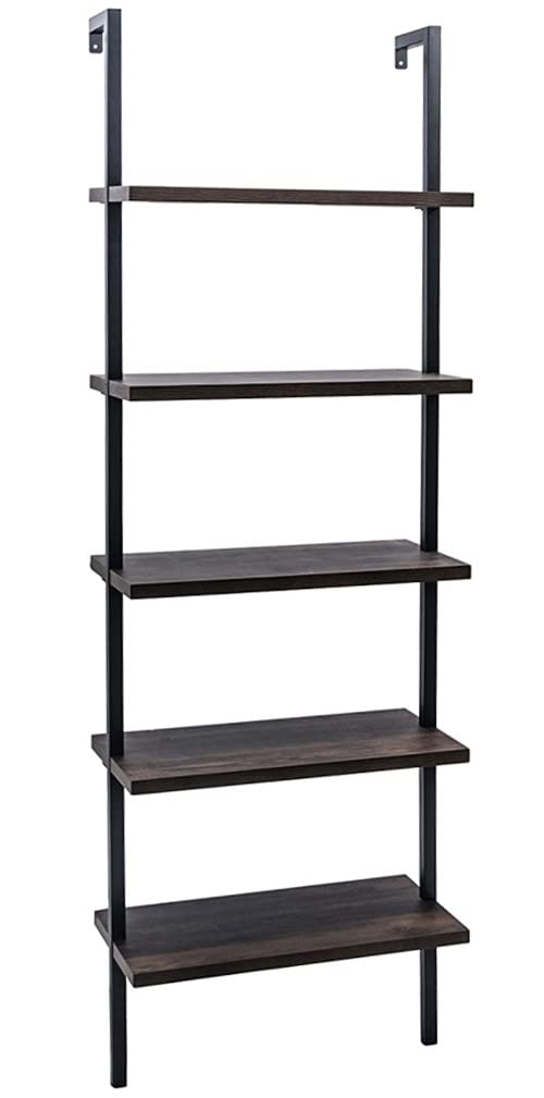 5-Shelf Modern Ladder Bookcase - Industrial Metal Frame Wall Mounted Bookshelf, Wood Storage Shelf Organizer for Home Office (Dark Walnut) - Perfect for Small Spaces, Living Room Decor & Book Storage