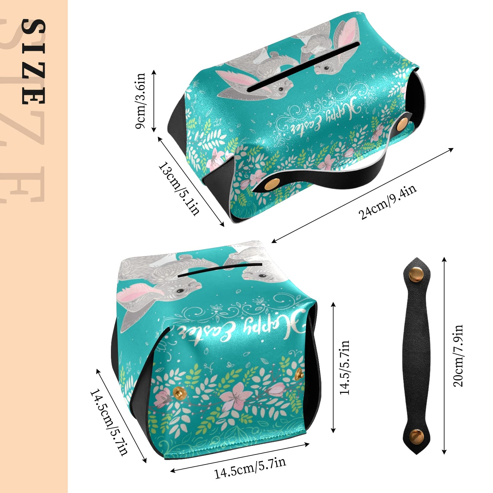 Happy Easter Two Hares Floral Wreath Leather Tissue Box Cover - Turquoise Square with Handle for Bathroom, Home, Office & Car (9.4x5.1x3.6 in) - Perfect for Easter Decor, Vanity Countertops & Nightstands