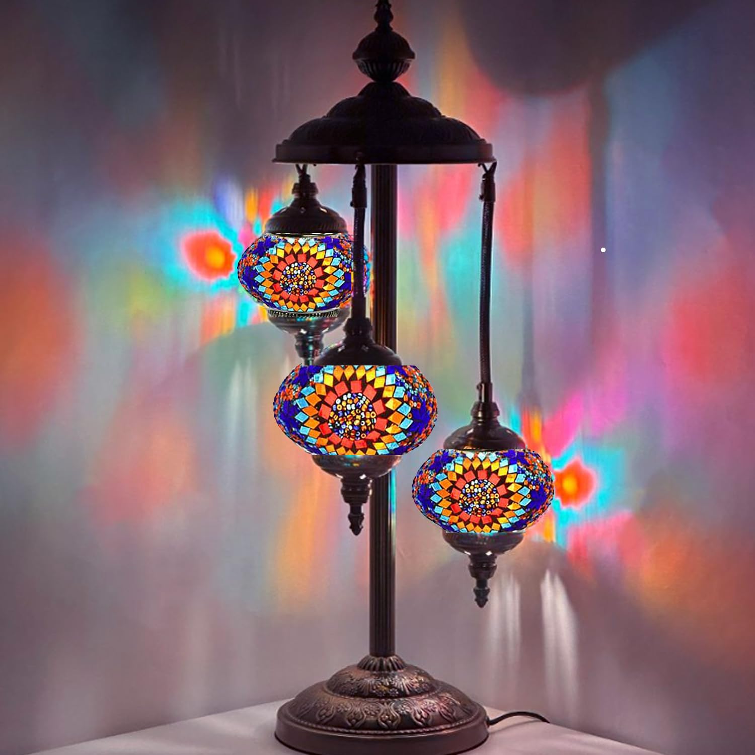 Handmade Moroccan Mosaic Turkish Lamp - 3-Tier Colorful Glass Floor or Table Lantern with E12 Bulbs (Floral Design) for Home Decor, Living Room, Bedroom & Outdoor Lighting