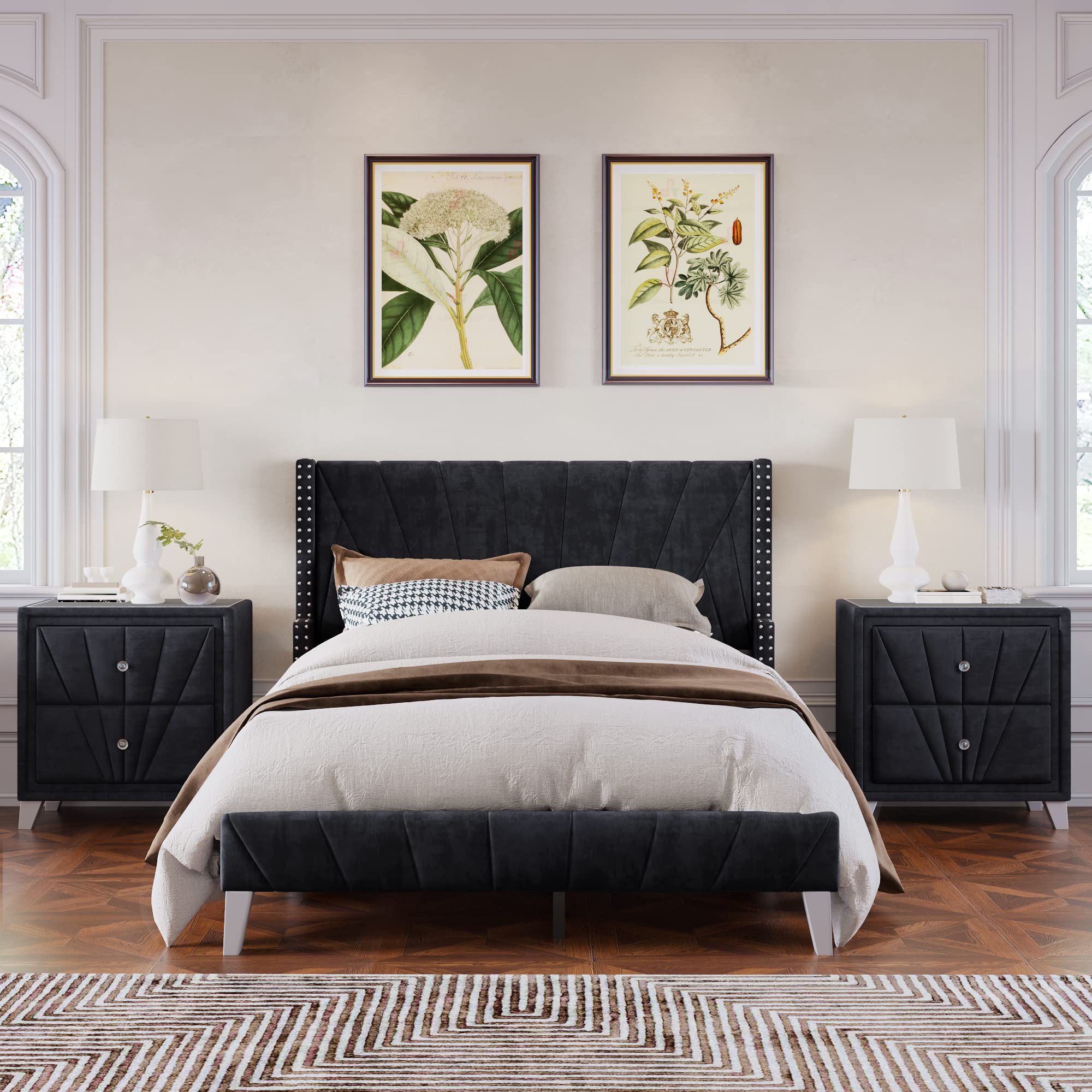 Merax 3-Piece Full Bedroom Set - Black Velvet Upholstered Platform Bed with 2 Nightstands | Modern Bedroom Furniture for Small Spaces & Guest Rooms | Easy Assembly & Luxurious Comfort