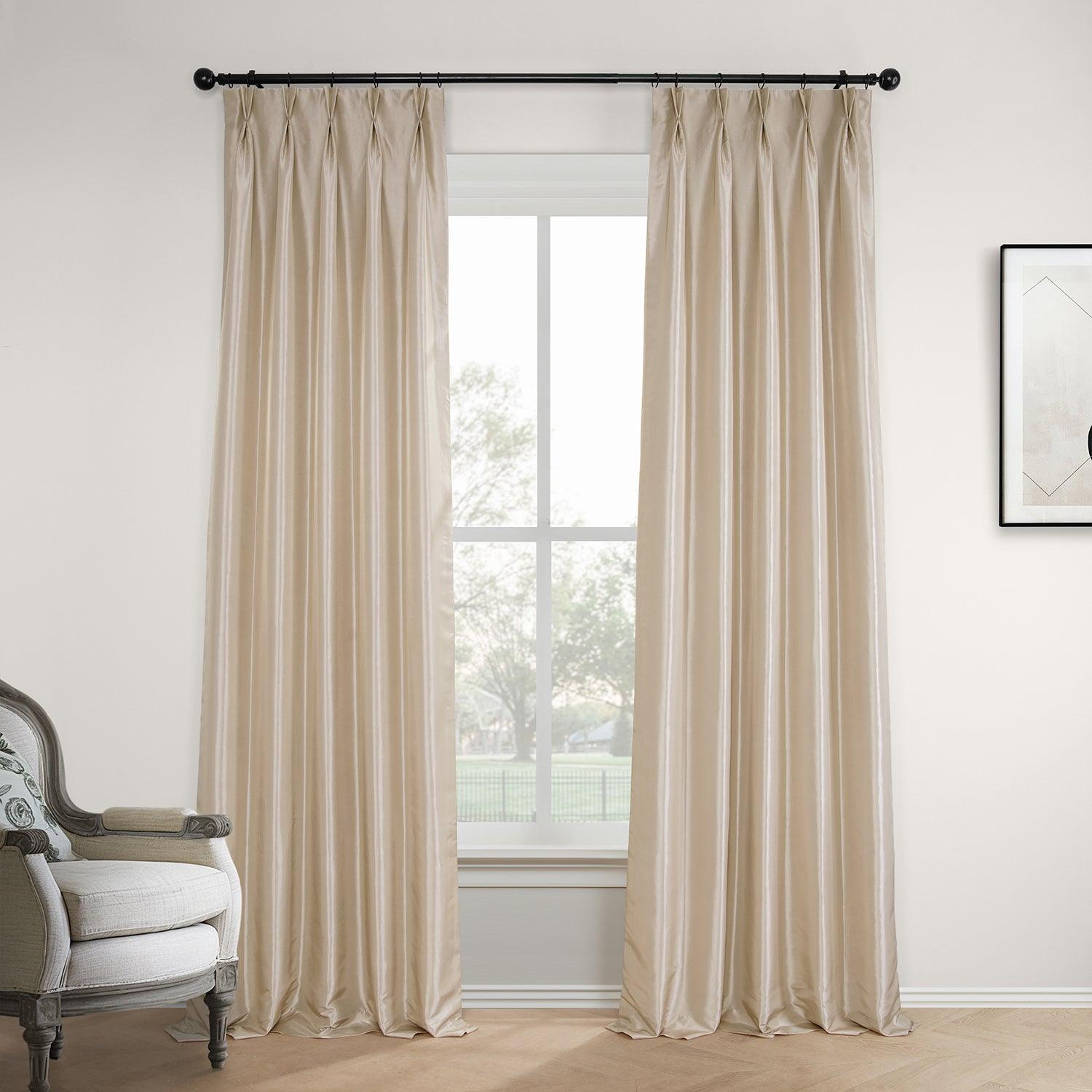 Antique Beige French Pleat Faux Silk Taffeta Blackout Curtains - Elegant Window Treatment for Living Room & Bedroom, Light Blocking & Noise Reducing Home Decor