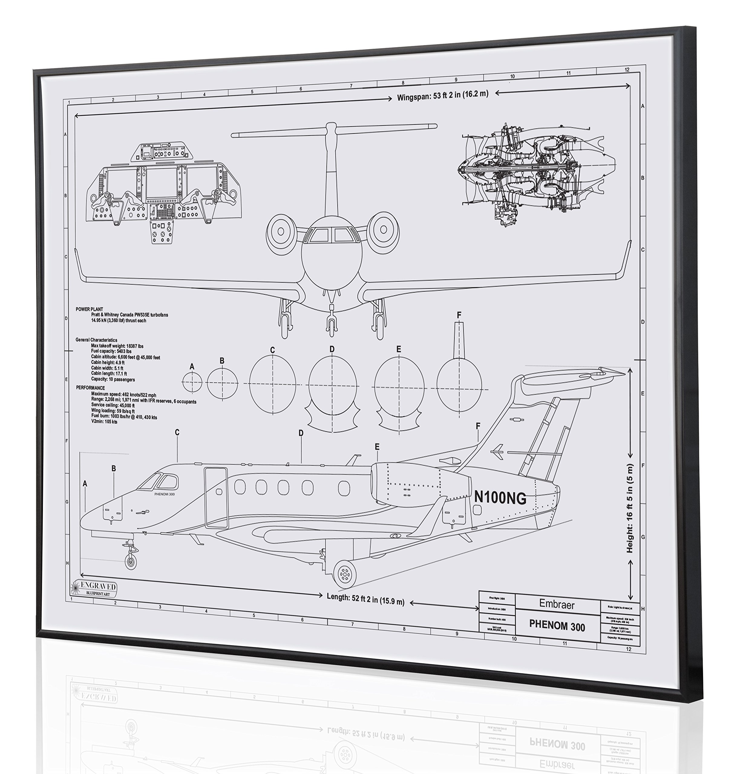 Embraer Phenom 300 Blueprint Wall Art - Laser Engraved Personalized Aviation Gift for Pilots - Perfect for Home Office Decor & Pilot Appreciation Gifts