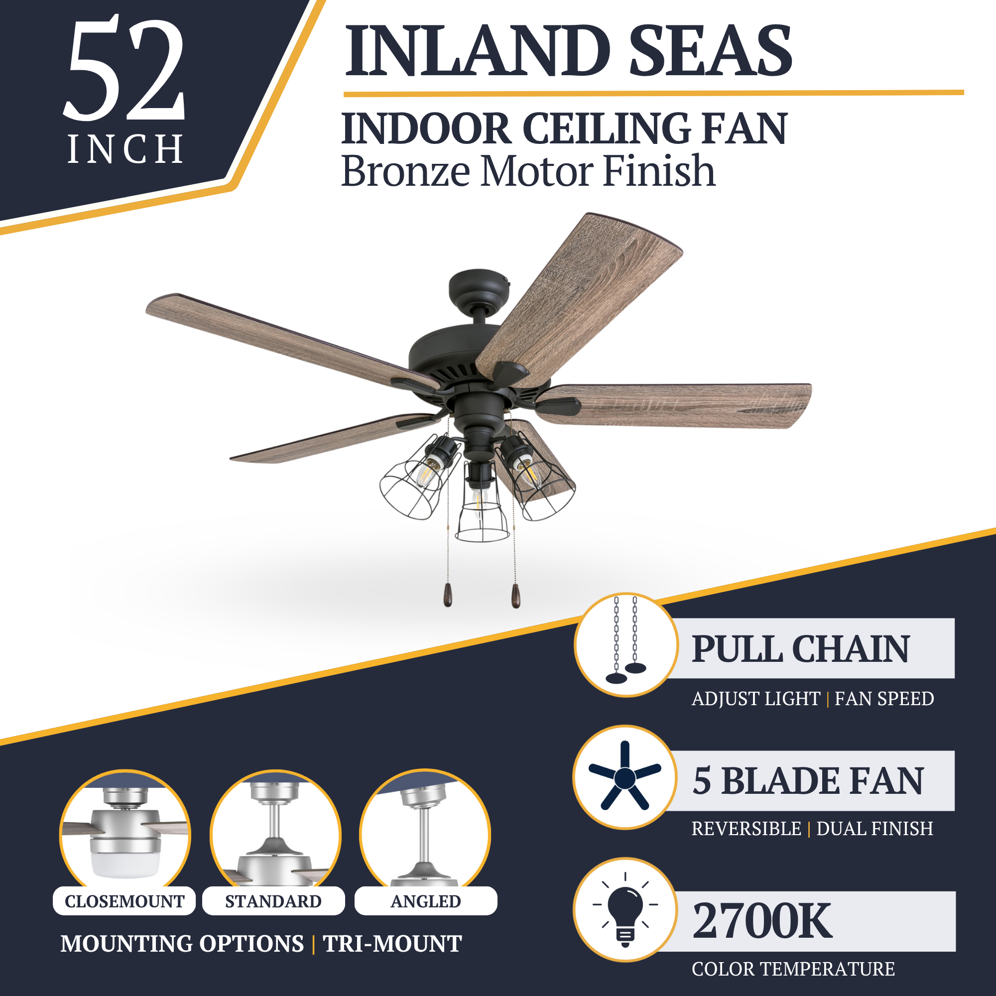 52 Inch Bronze Inland Seas Ceiling Fan with Pull Chain - Perfect for Living Room, Bedroom, and Outdoor Patio Cooling