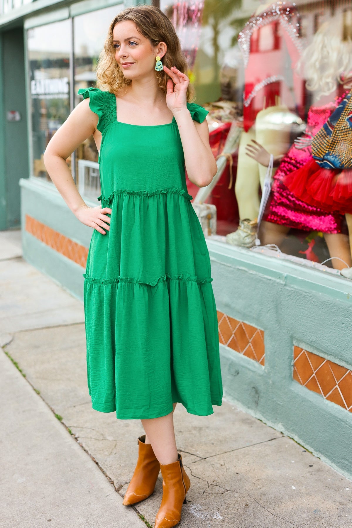 Kelly Green Smocked Flutter Sleeve Tiered Midi Dress for Women - Elegant Summer Casual & Party Wear