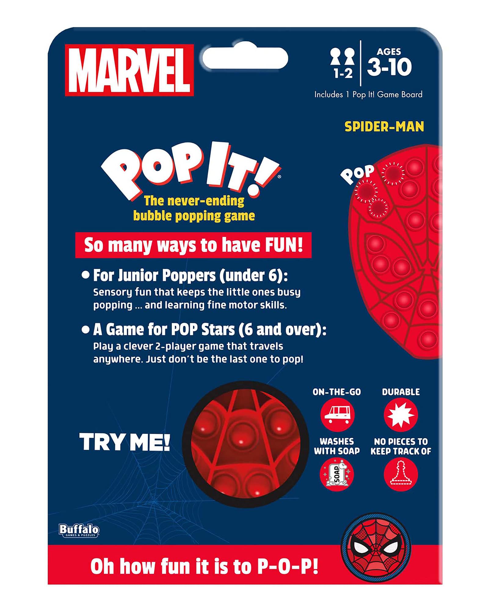 Pop It! Marvel Spider-Man Fidget Toy - Stress Relief Sensory Game for Kids & Adults - Perfect for Home, Office, and Travel Use
