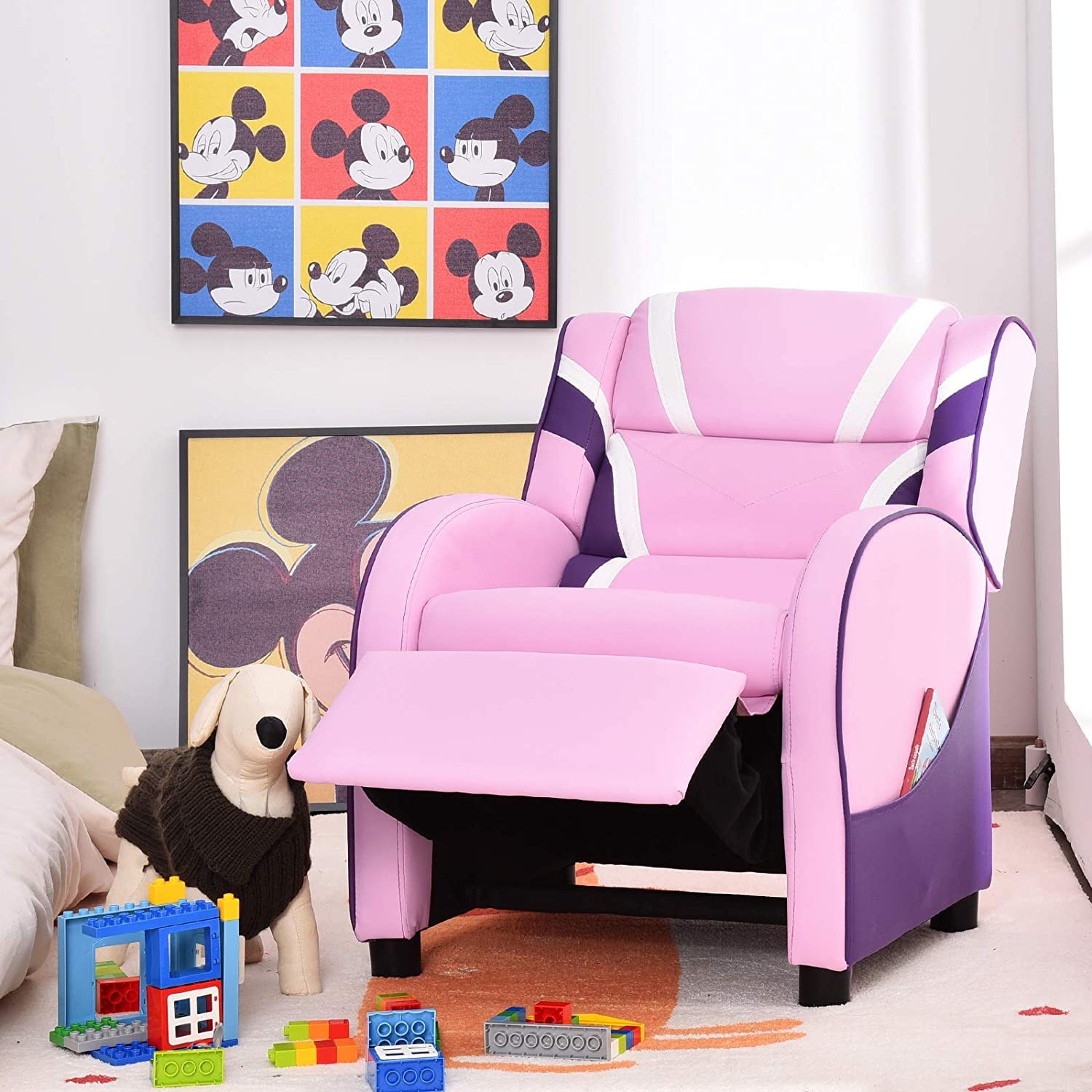 Fireflowery Kids Recliner Chair with Side Pockets - Adjustable Toddler Sofa with Footrest & Headrest - Ergonomic Children's Furniture for Boys & Girls Bedroom, Playroom or Nursery (Pink) - Perfect for Reading, Watching TV & Relaxing