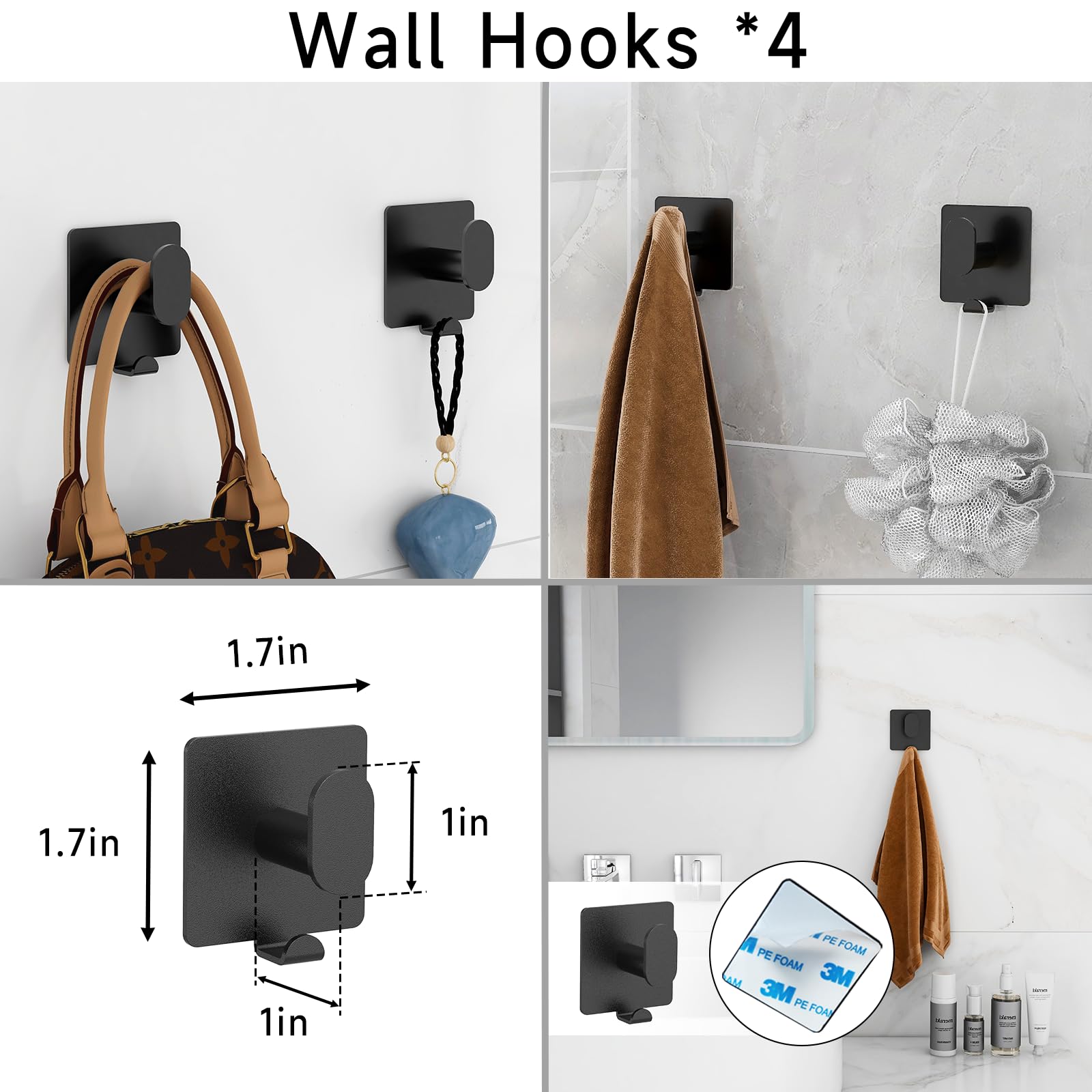 7PCS Matte Black Bathroom Hardware Set - 24IN 304 Stainless Steel Towel Bar & Holder for Modern Bathrooms | Durable & Rustproof Shower Accessories for Home & Hotel Use