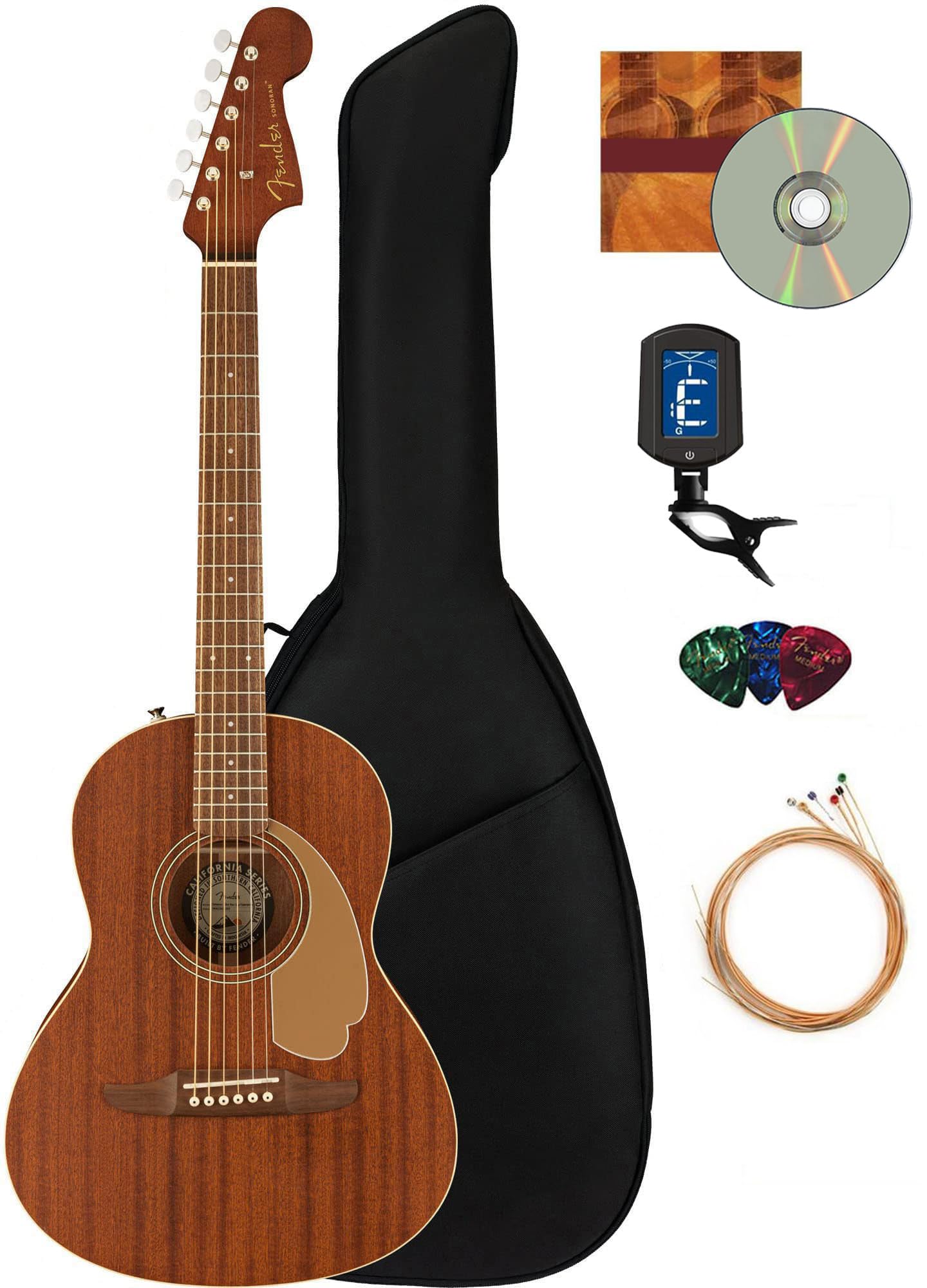 Fender Sonoran Mini Acoustic Guitar Bundle with Gig Bag, Tuner, Strings & Picks - All Mahogany Wood for Kids & Travel | Perfect for Beginners, Camping & Small Hands