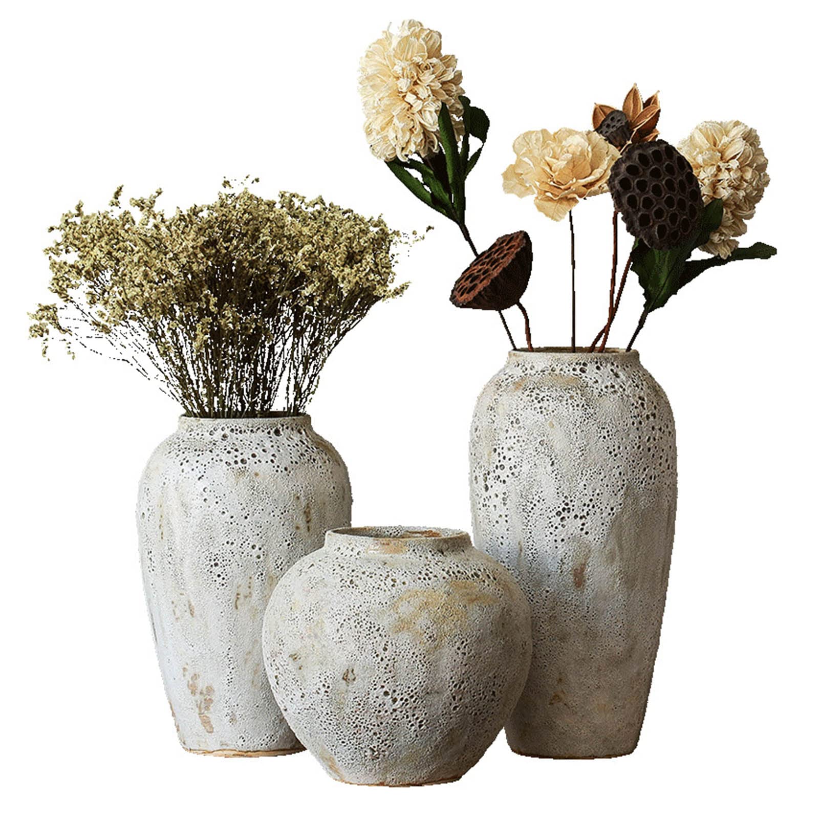 Ceramic Vases Set of 3 - Modern Farmhouse Home Decor, Vintage Rustic Vases for Living Room, Mantel, Office, Wedding Centerpiece | Elegant Table Decor for Dining Room, Entryway & Shelf Styling