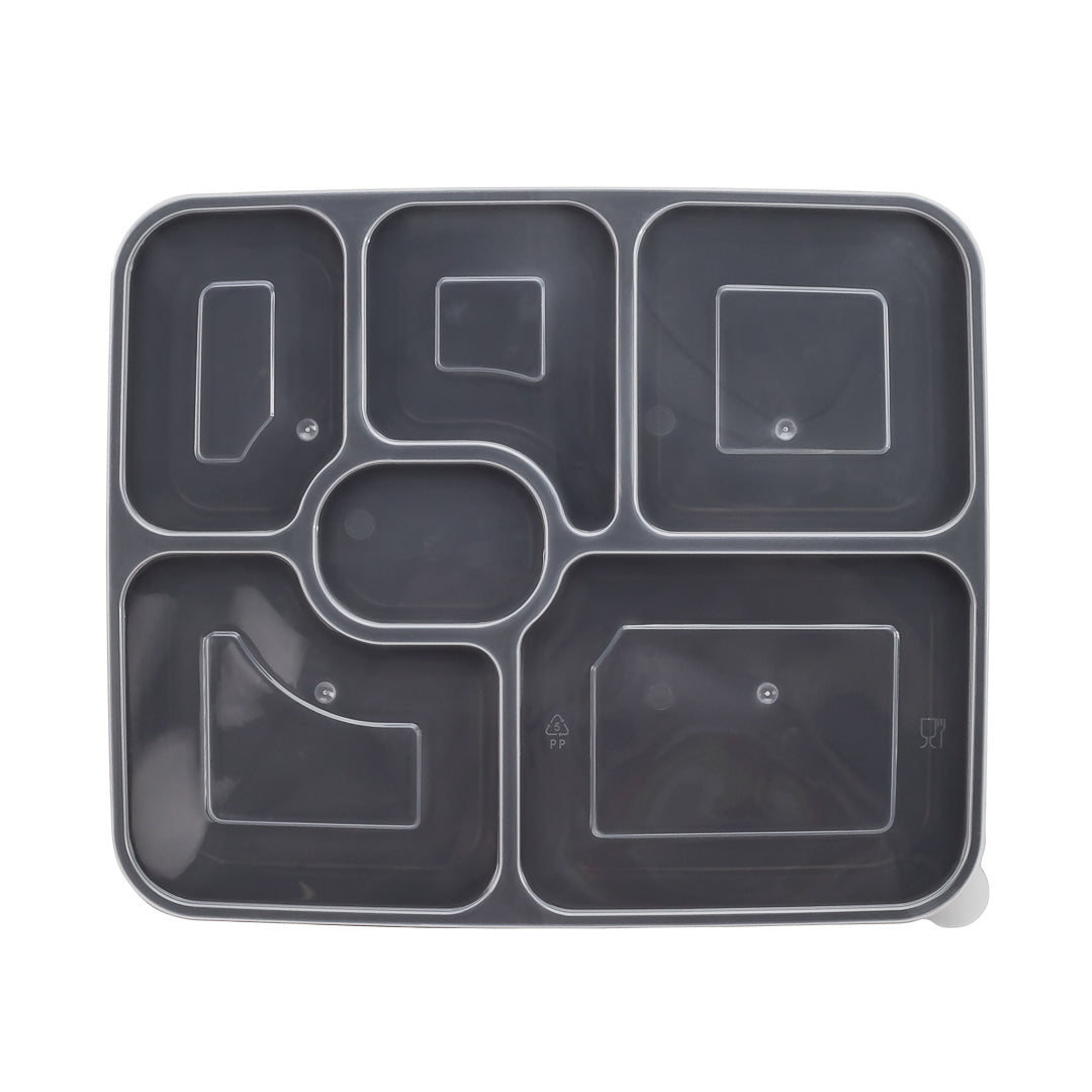 53 oz Black Plastic 6-Compartment Food Storage Container with Clear Lid - Microwave Safe (9.75