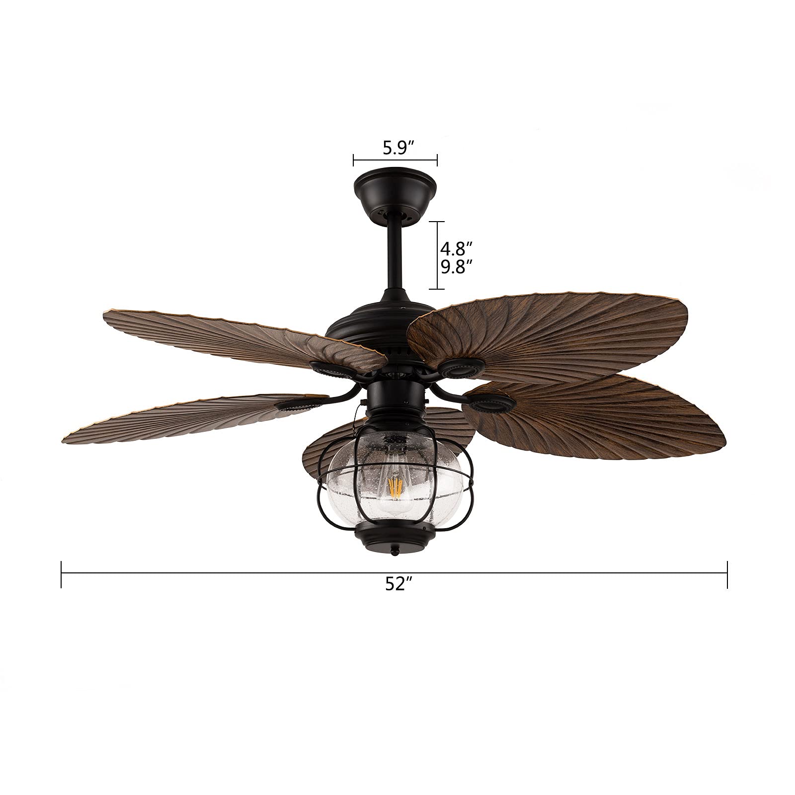 52-Inch Tropical Palm Chandelier Ceiling Fan with 5 Palm Leaf Blades - 3 Speed Remote Control, 5-Light Industrial Cage Design - Quiet Rustic Fan for Bedroom, Living Room, Patio & Indoor Spaces - Perfect for Coastal, Beach House and Boho Home Decor