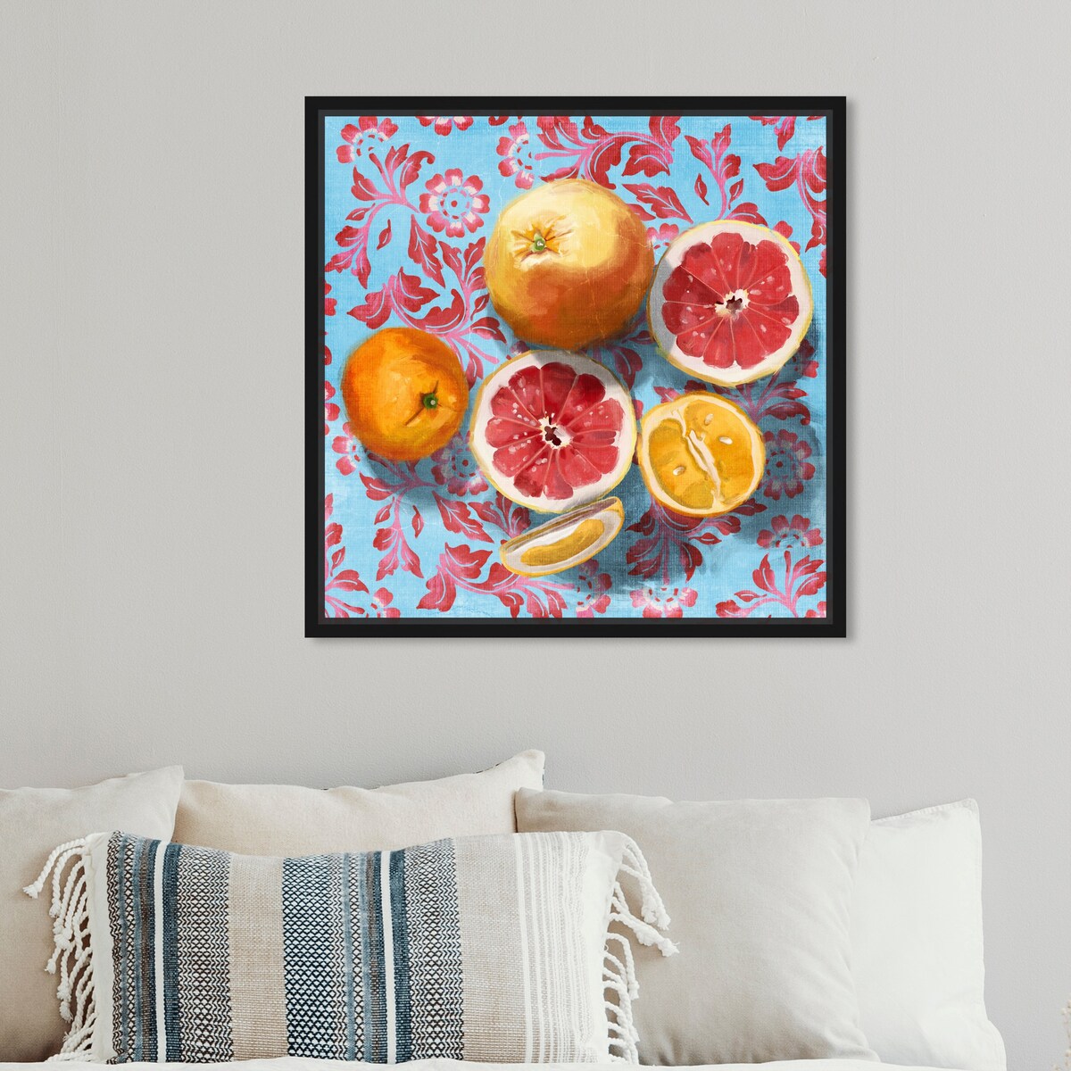 Tropical Citrus Still Life Blue Framed Canvas Wall Art Print - Sour & Vibrant Kitchen Decor for Cabin, Lodge & Home