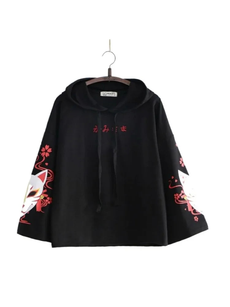 Black Letter Embroidery Cartoon Print Women's Hoodie - Autumn Flare Sleeve Drawstring Hooded Sweatshirt | Korean Style Ladies Top for Casual Wear, Street Fashion & College Outfits